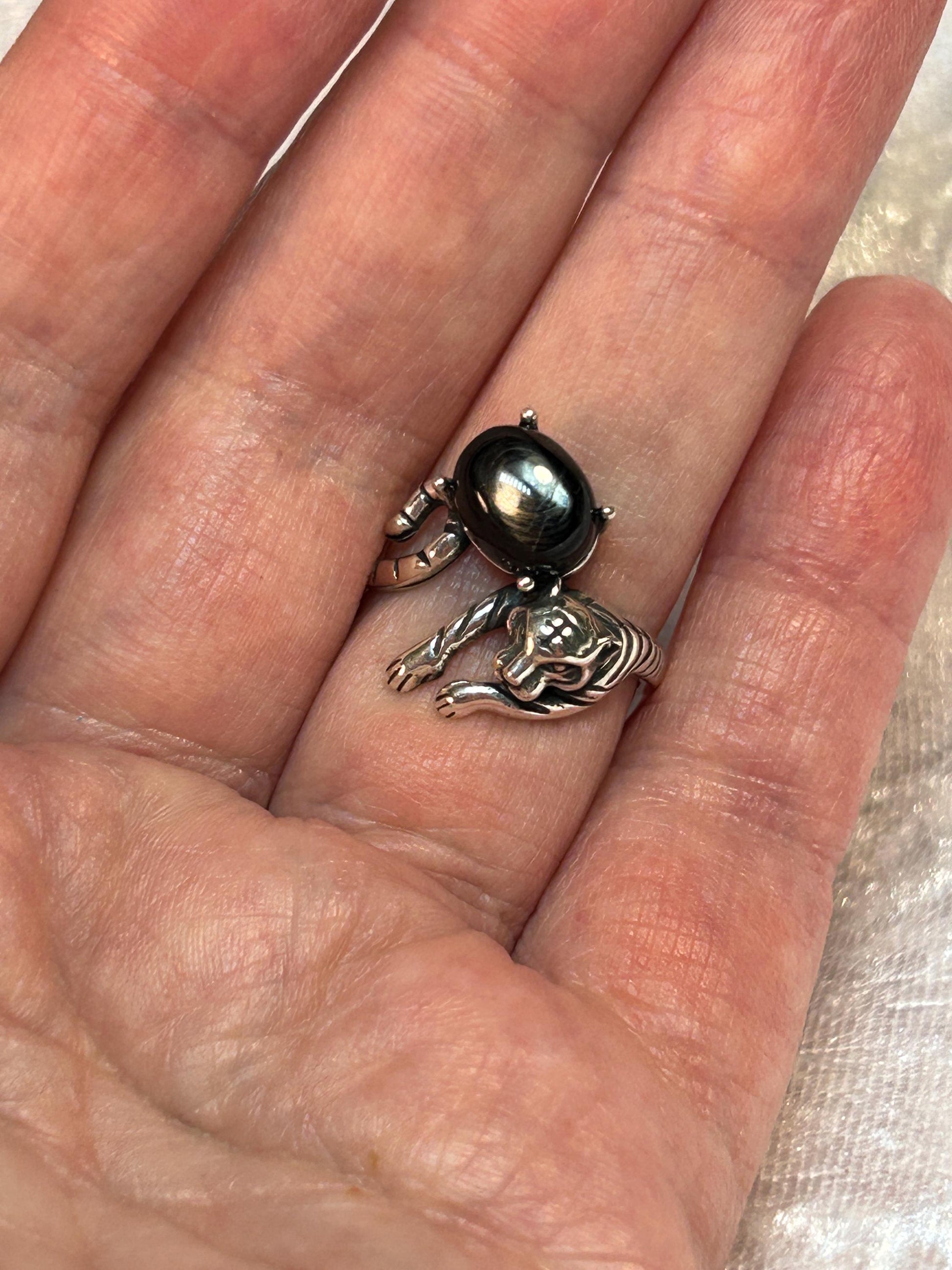 Tiger Statement Ring with Hypersthene in 925 Sterling Silver - Adjustable Animal Jewellery Celtic Dragon Jewellery