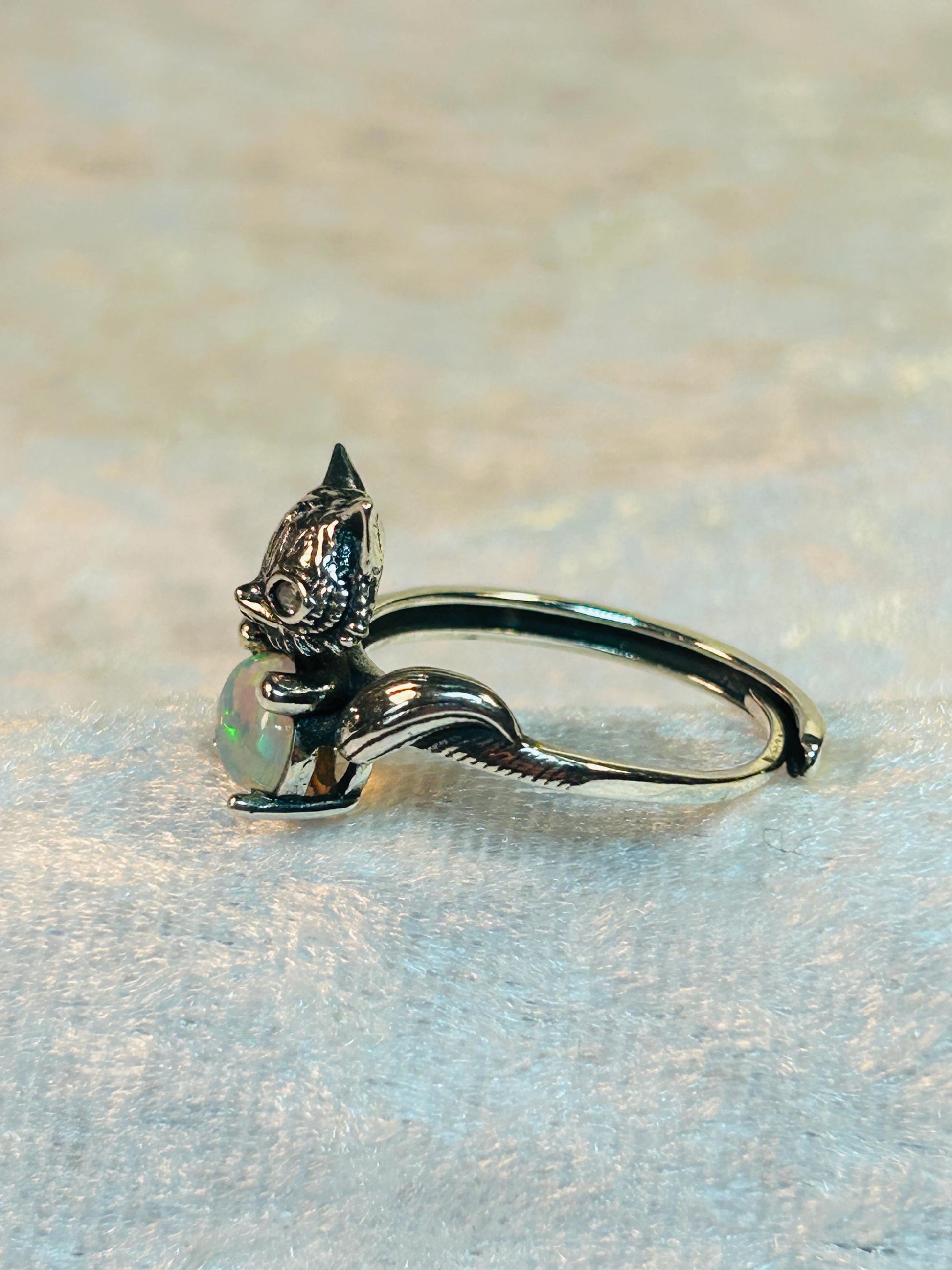 Fox Ring With Opal in 925 Sterling Silver - Adjustable Animal Jewellery Celtic Dragon Jewellery