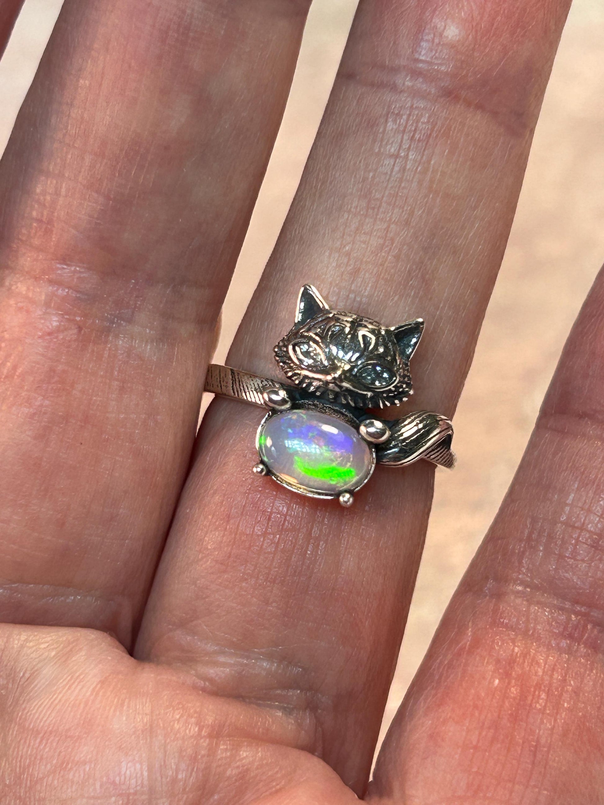 Fox Ring With Opal in 925 Sterling Silver - Adjustable Animal Jewellery Celtic Dragon Jewellery