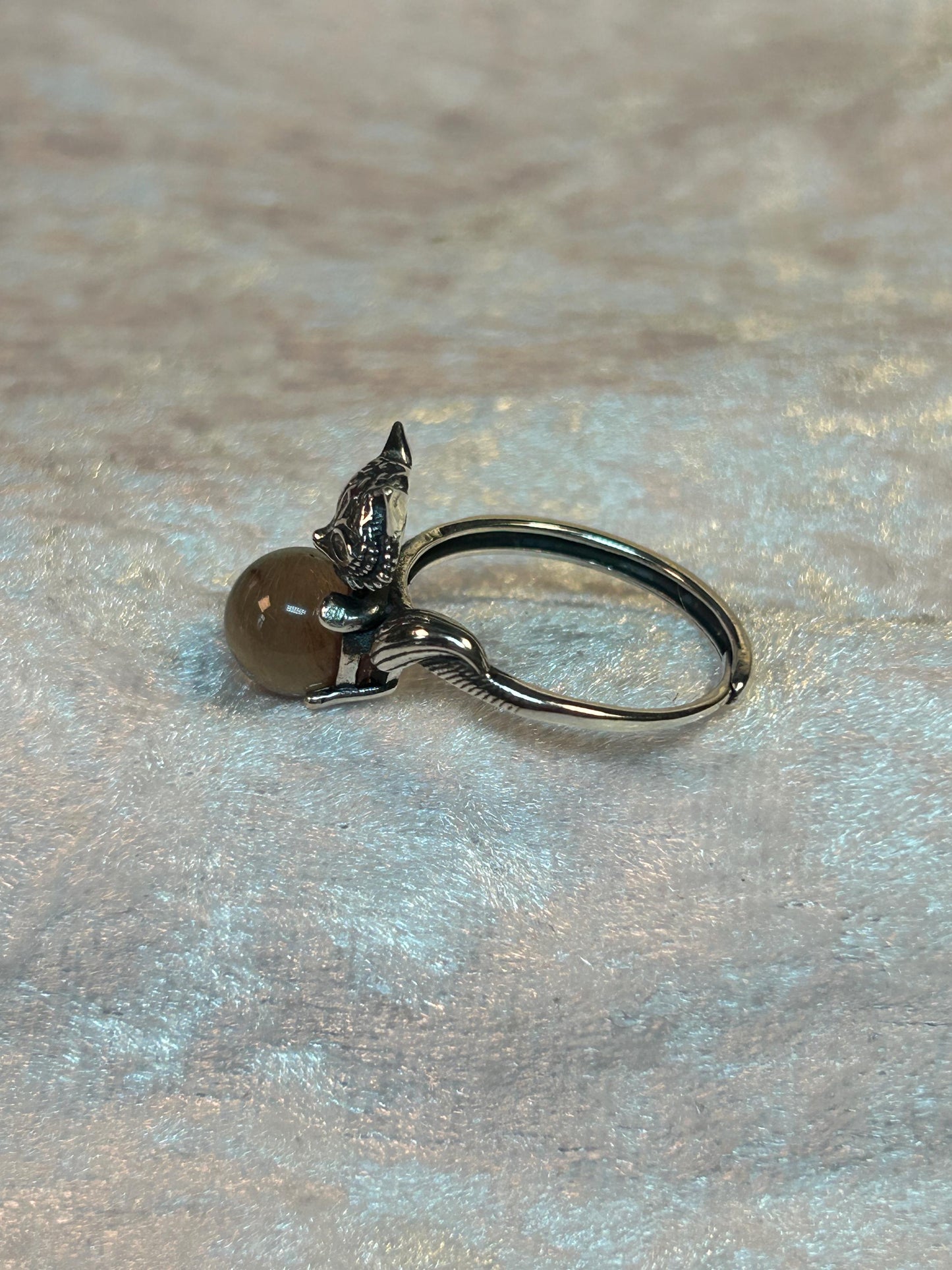 Fox Ring with Rabbit Hair Quartz in 925 Sterling Silver - Adjustable Animal Jewellery Celtic Dragon Jewellery