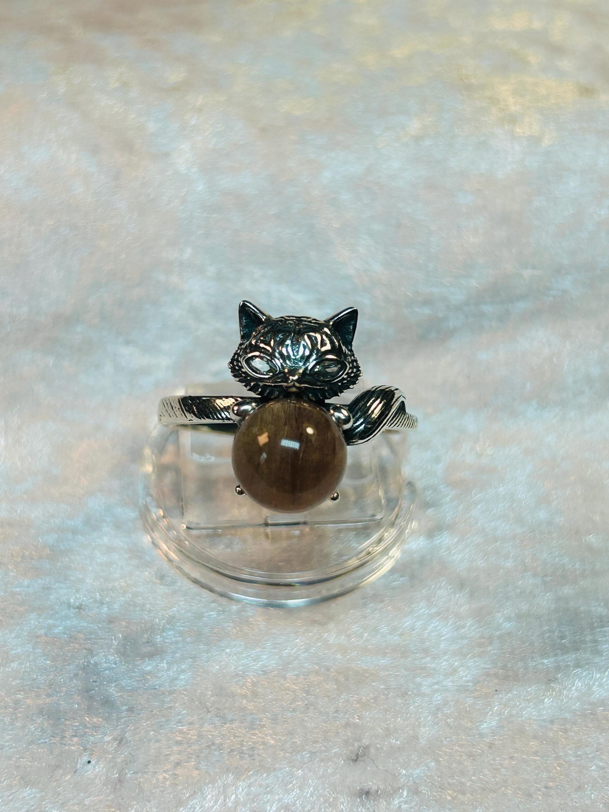 Fox Ring with Rabbit Hair Quartz in 925 Sterling Silver - Adjustable Animal Jewellery Celtic Dragon Jewellery