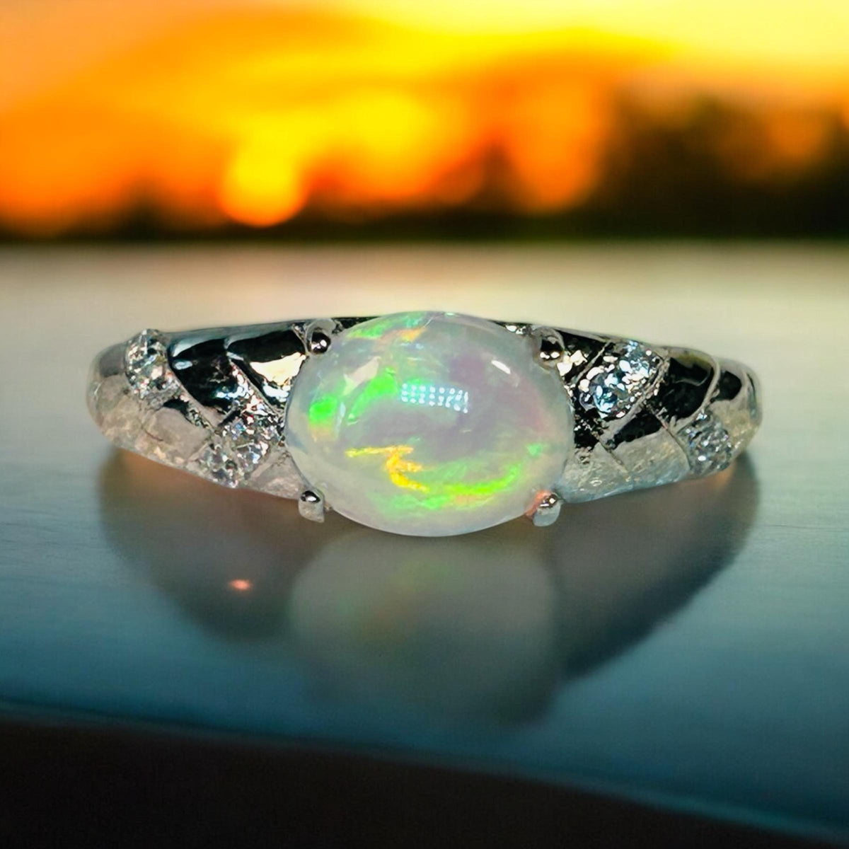 Opal Ring with CZ Accents in 925 Sterling Silver - Adjustable Jewellery Celtic Dragon Jewellery