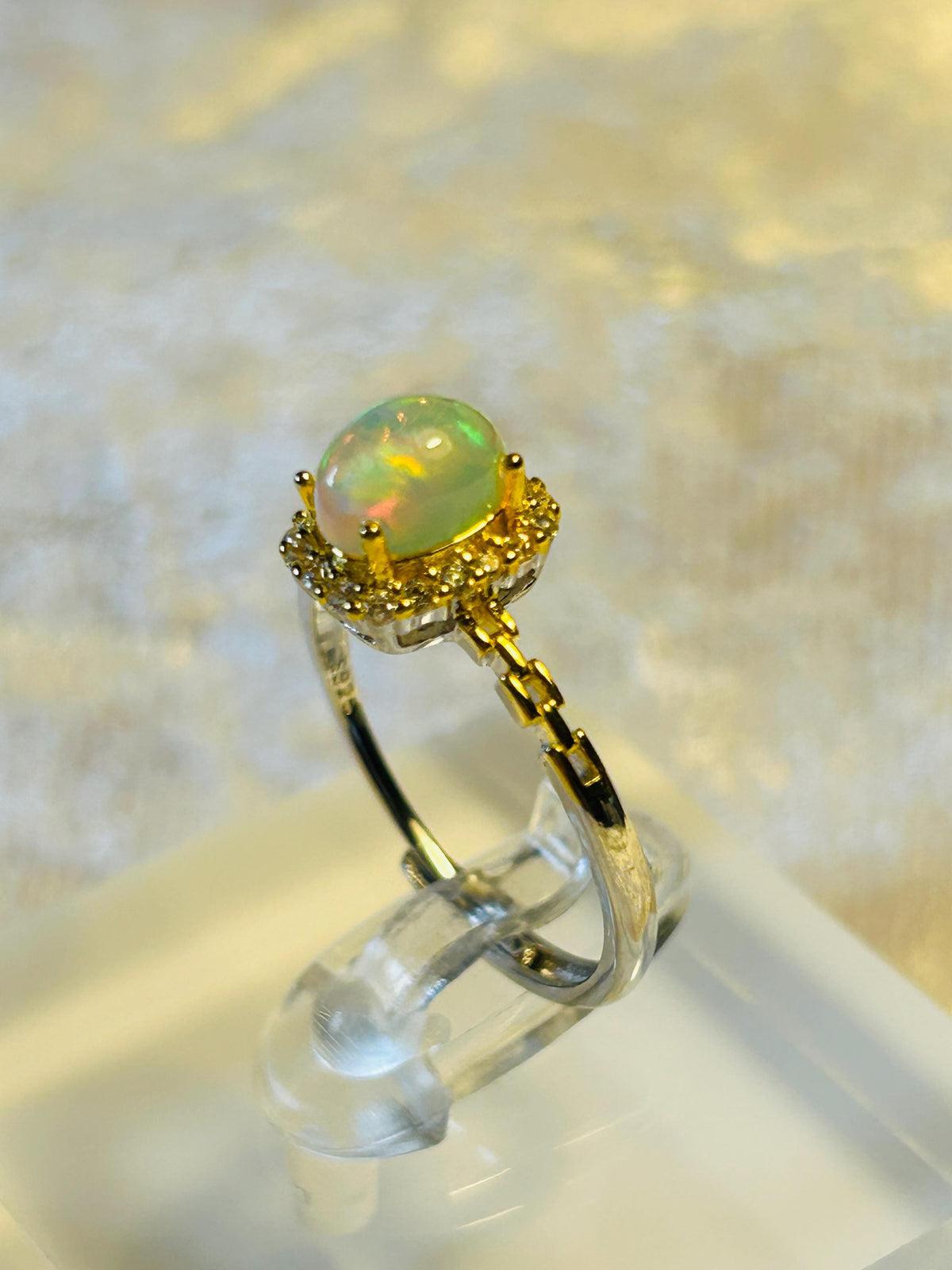 Halo Ring with Opal & CZ Set in Gold Plated 925 Sterling Silver - Adjustable Band Celtic Dragon Jewellery