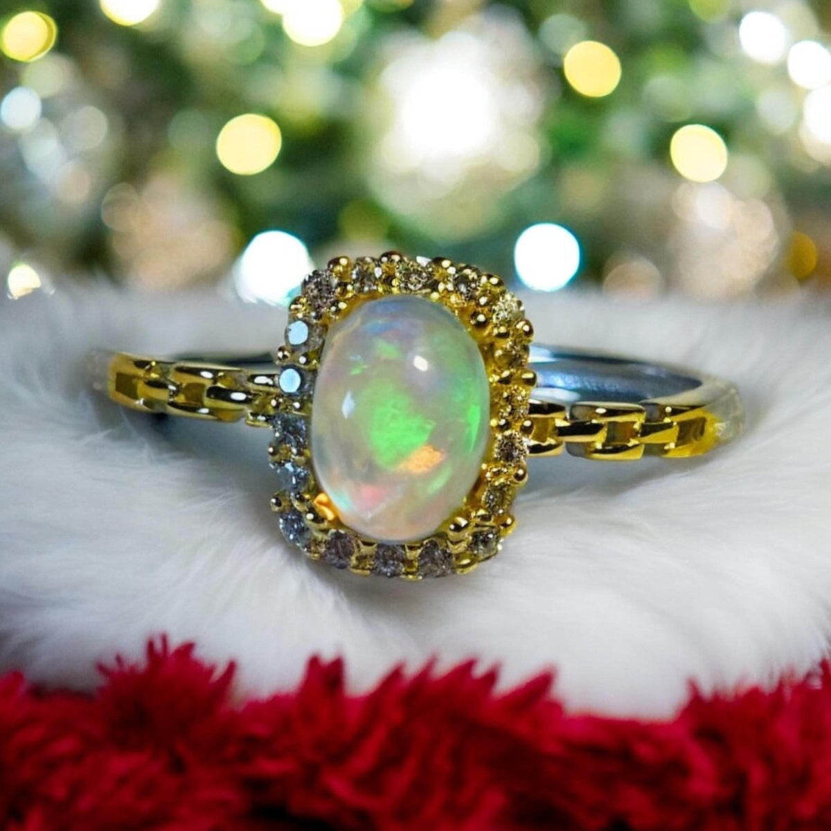 Halo Ring with Opal & CZ Set in Gold Plated 925 Sterling Silver - Adjustable Band Celtic Dragon Jewellery