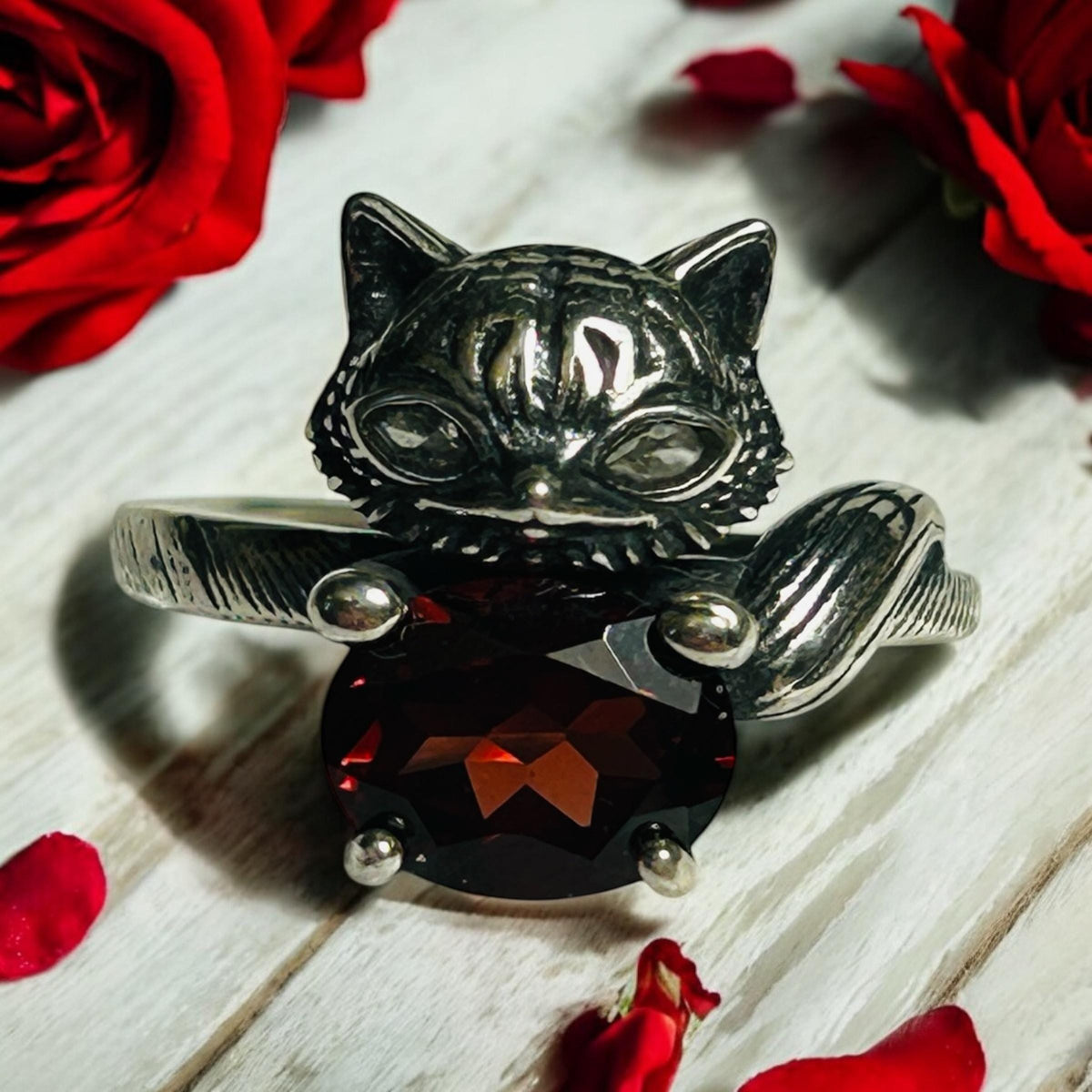 Whimsical Fox Ring With Red Garnet in 925 Sterling Silver & Adjustable Band Celtic Dragon Jewellery