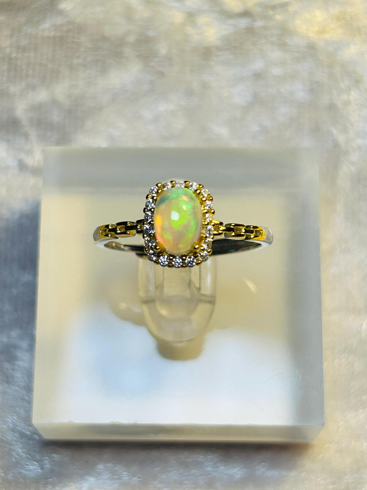 Halo Ring with Opal & CZ Set in Gold Plated 925 Sterling Silver - Adjustable Band Celtic Dragon Jewellery