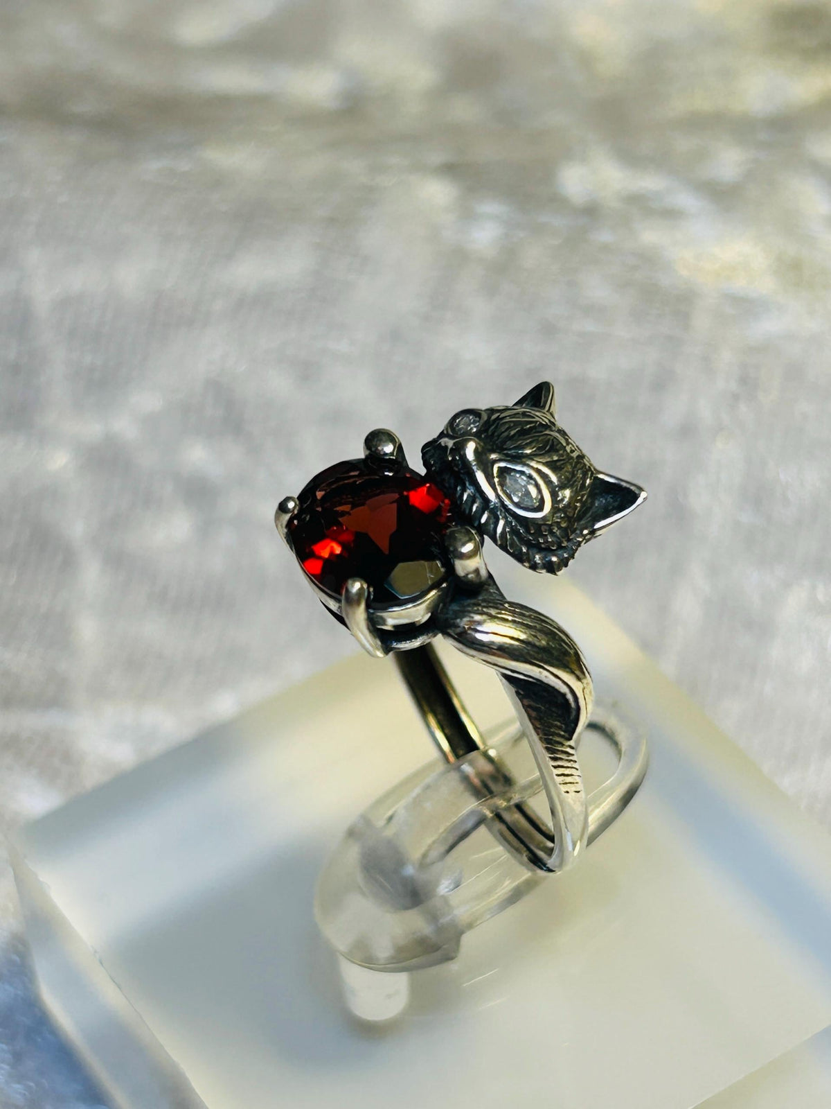 Whimsical Fox Ring With Red Garnet in 925 Sterling Silver & Adjustable Band Celtic Dragon Jewellery