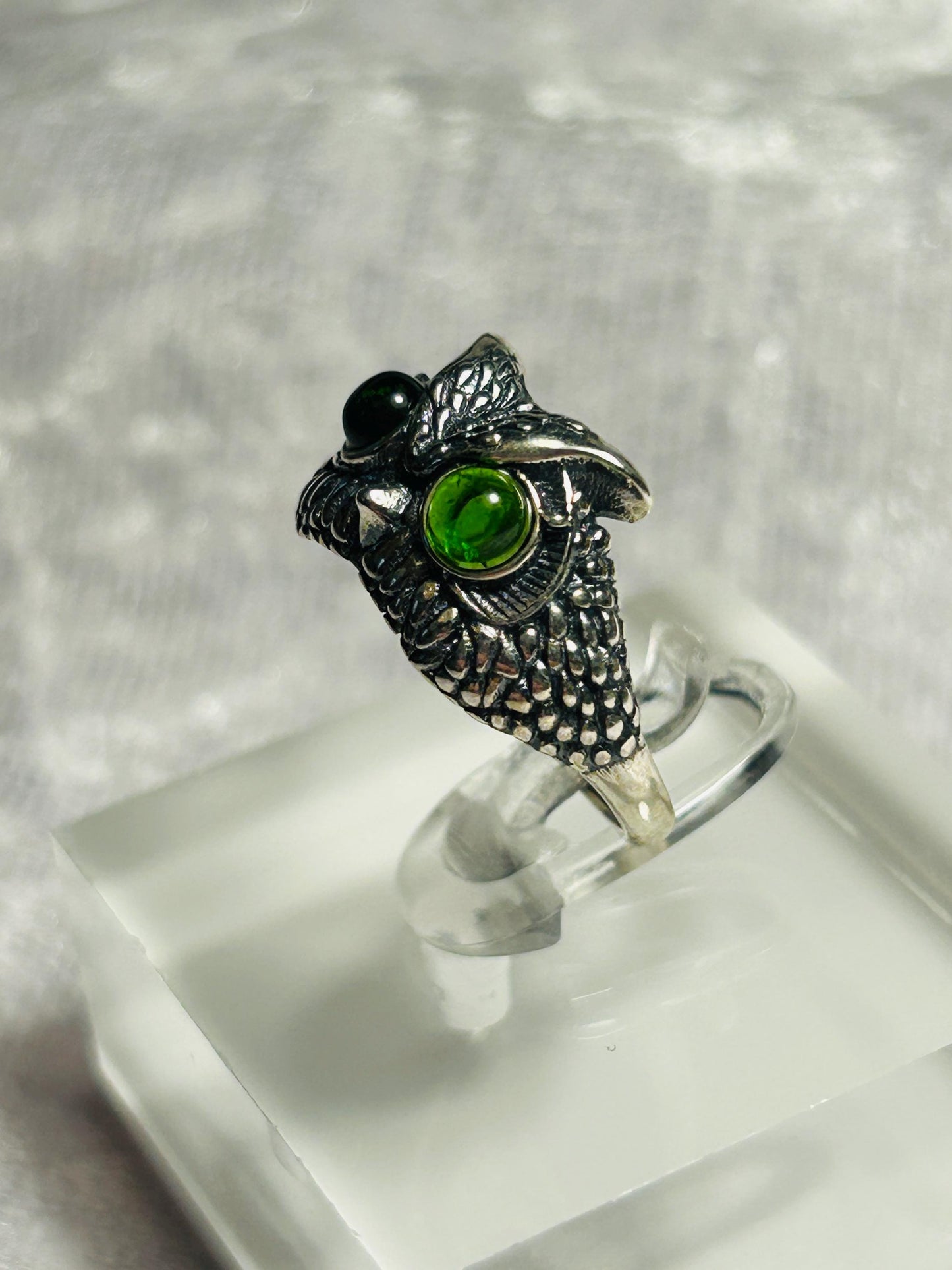 Owl Ring With Diopside in 925 Sterling Silver & Adjustable Band Celtic Dragon Jewellery