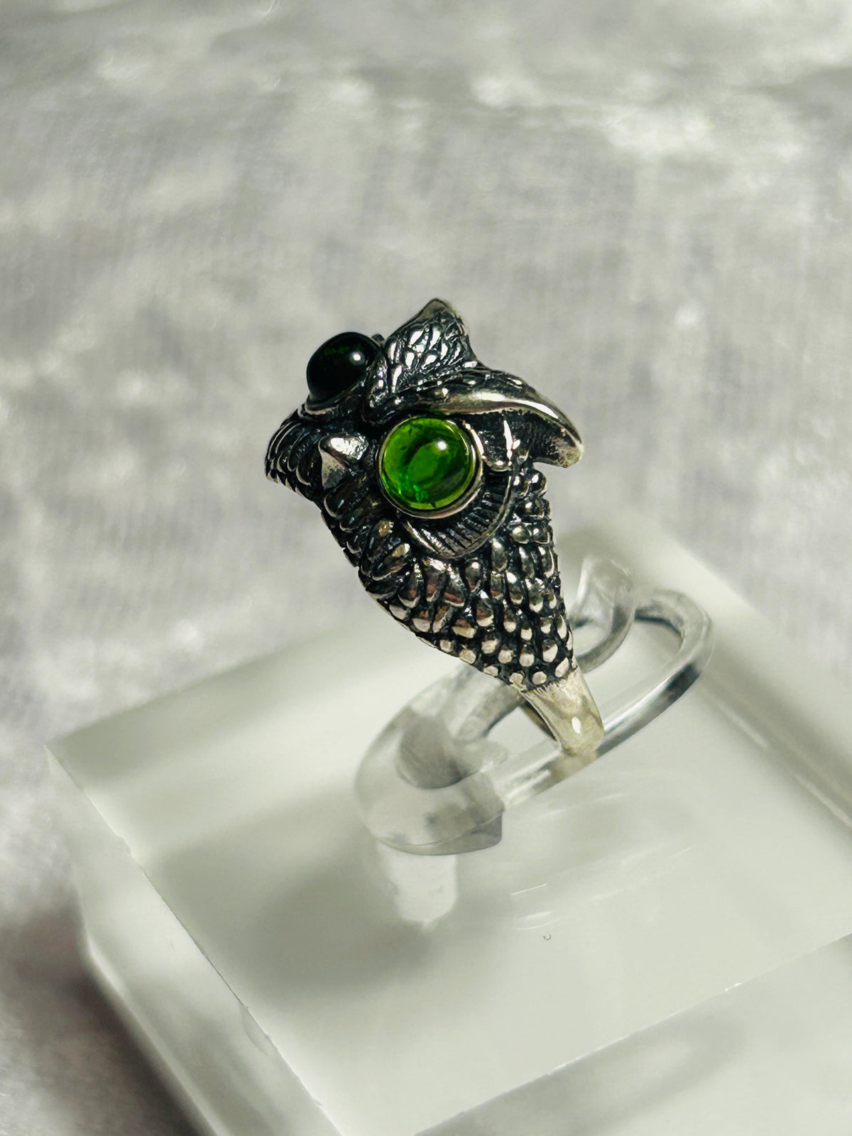 Owl Ring With Diopside in 925 Sterling Silver & Adjustable Band Celtic Dragon Jewellery
