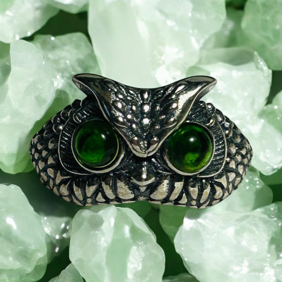 Owl Ring With Diopside in 925 Sterling Silver & Adjustable Band