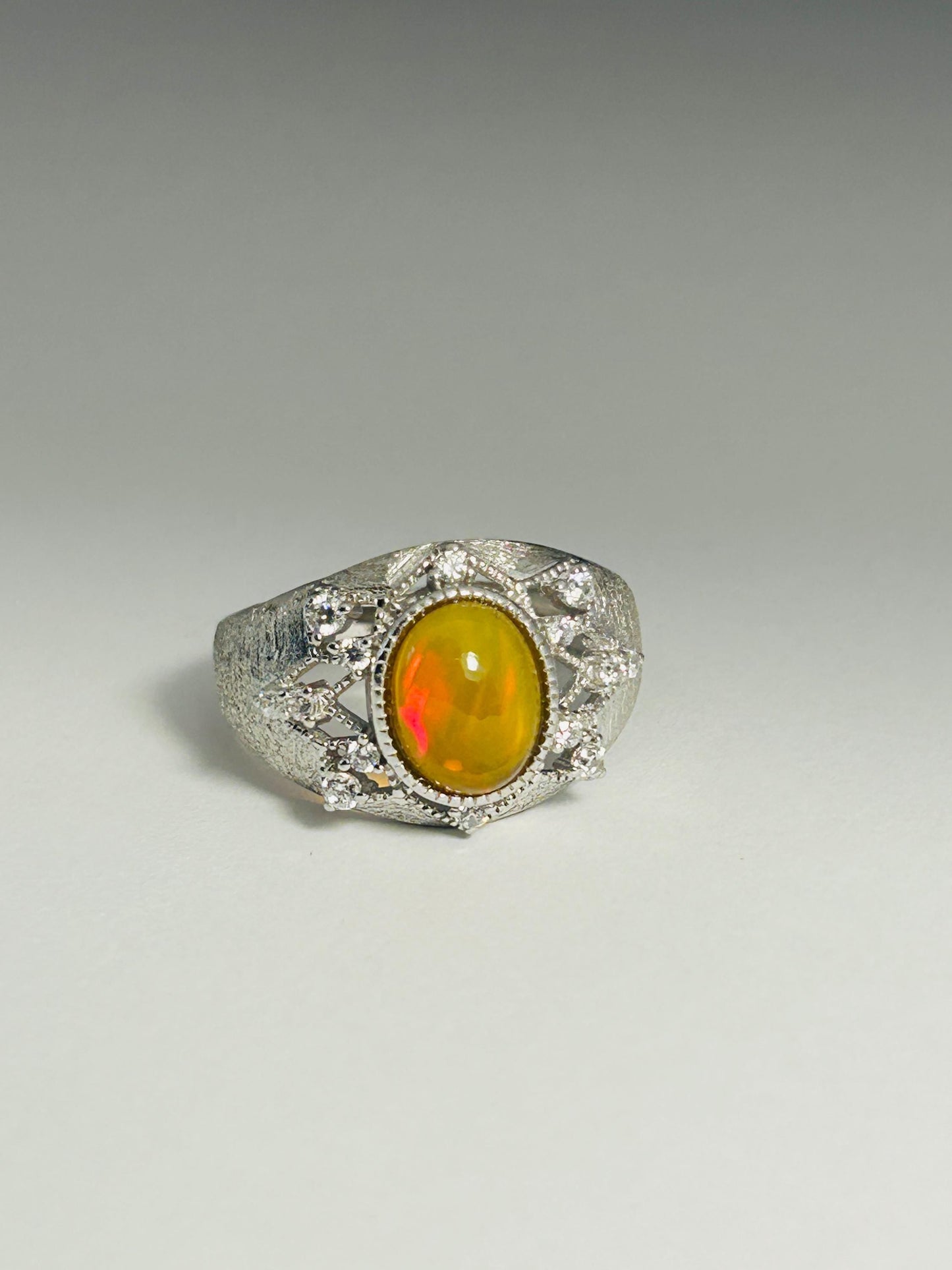 Orange Opal Ring With CZ Accents in 925 Sterling Silver & Adjustable Band Celtic Dragon Jewellery