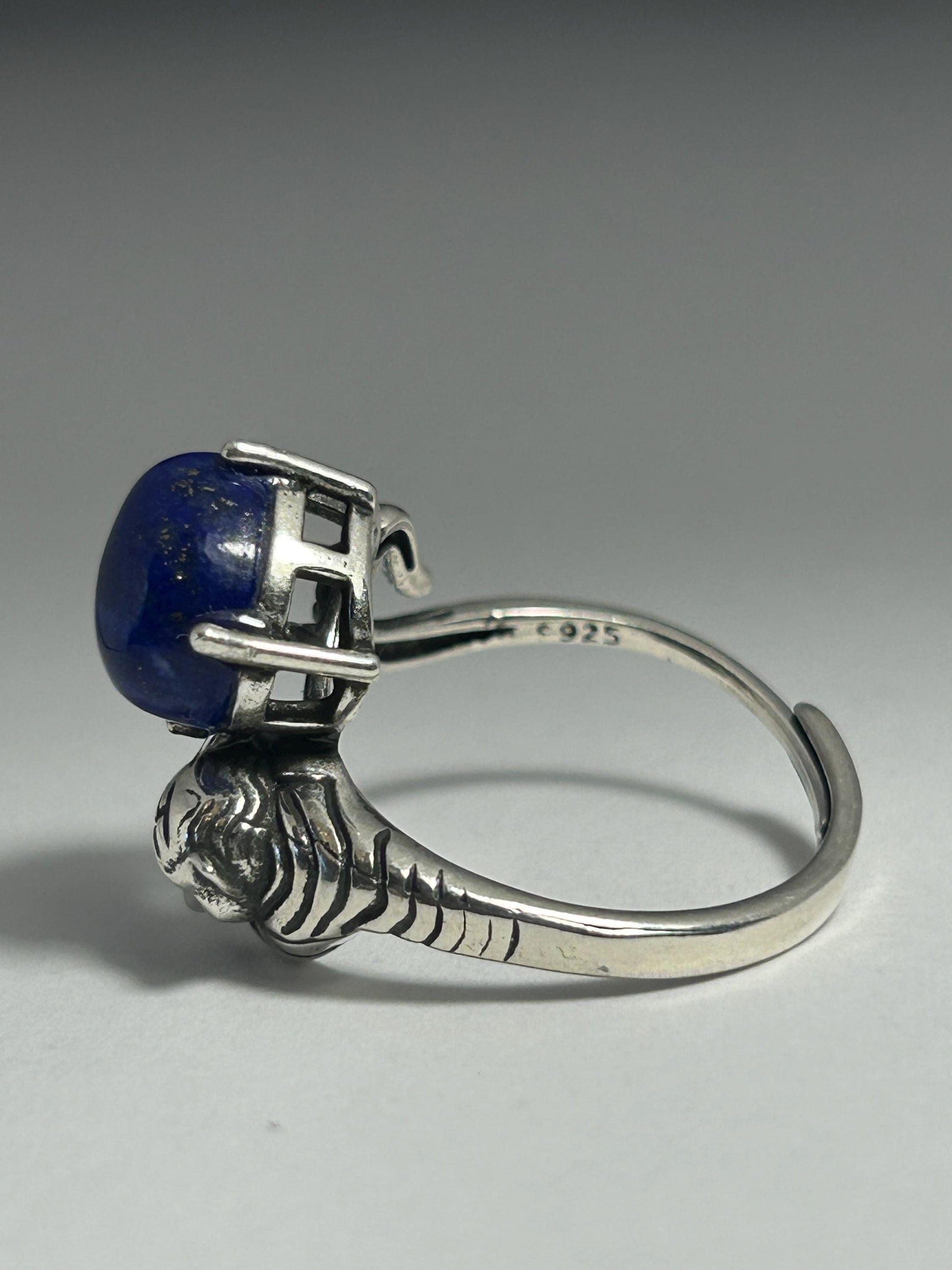 Tiger Ring with Lapis Lazuli in 925 Sterling Silver & Adjustable Band Celtic Dragon Jewellery