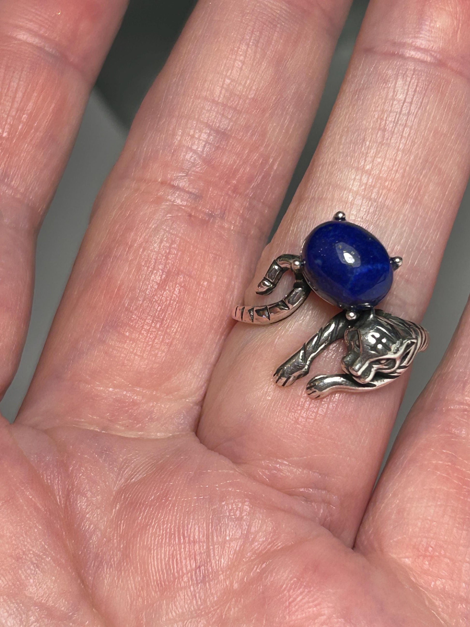 Tiger Ring with Lapis Lazuli in 925 Sterling Silver & Adjustable Band Celtic Dragon Jewellery