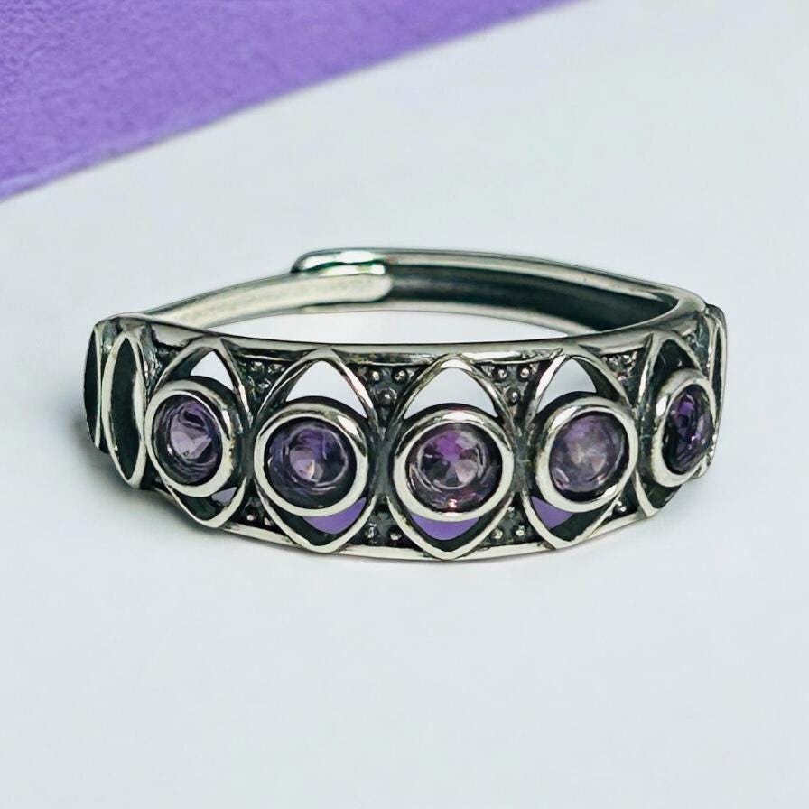 Celtic Amethyst Ring in 925 Sterling Silver - Antiqued Multi Stone Adjustable Jewellery Celtic Dragon Jewellery