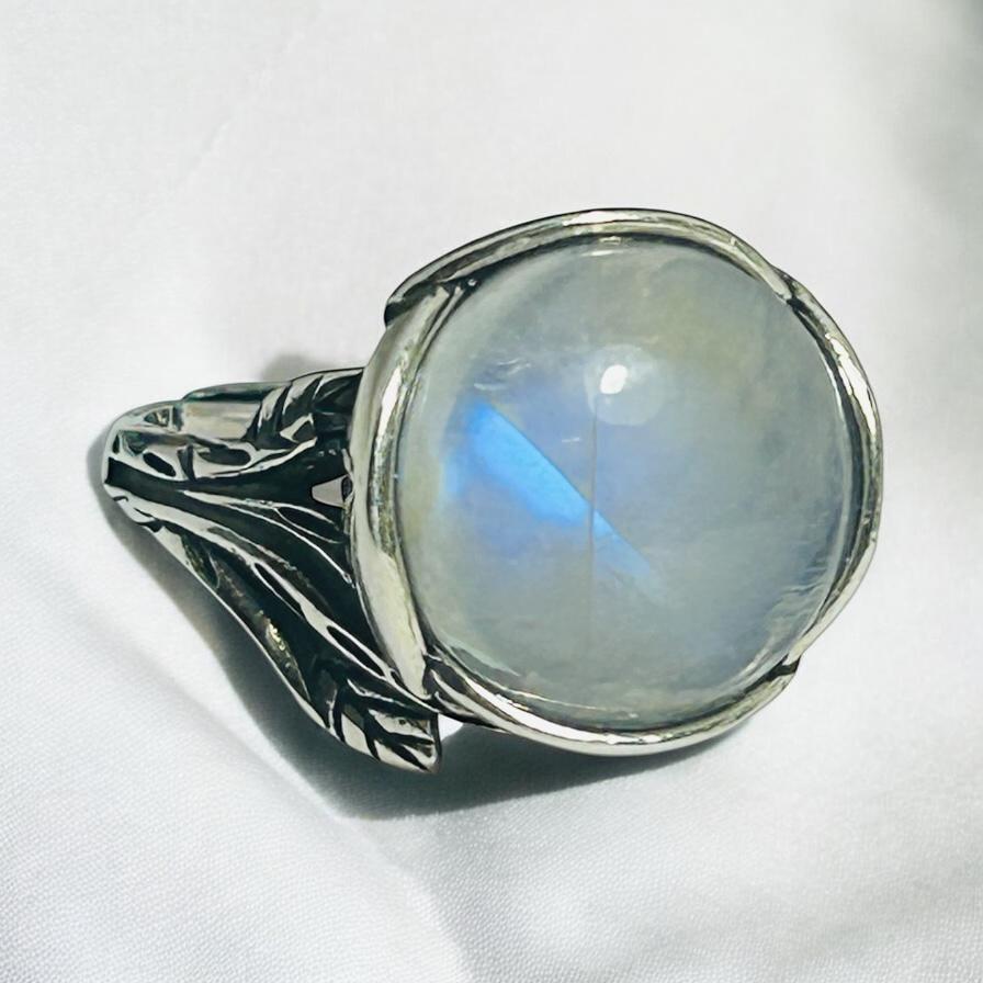 Large Moonstone Ring with Blue Flash in 925 Sterling Silver - Ornate Bohemian Statement Band Celtic Dragon Jewellery