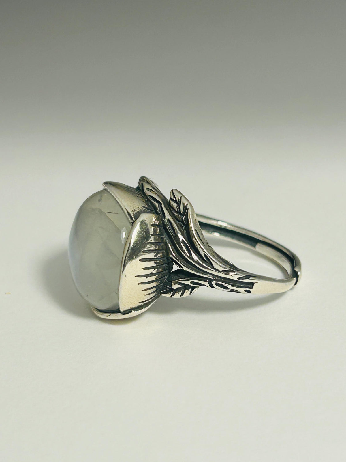 Large Moonstone Ring with Blue Flash in 925 Sterling Silver - Ornate Bohemian Statement Band Celtic Dragon Jewellery