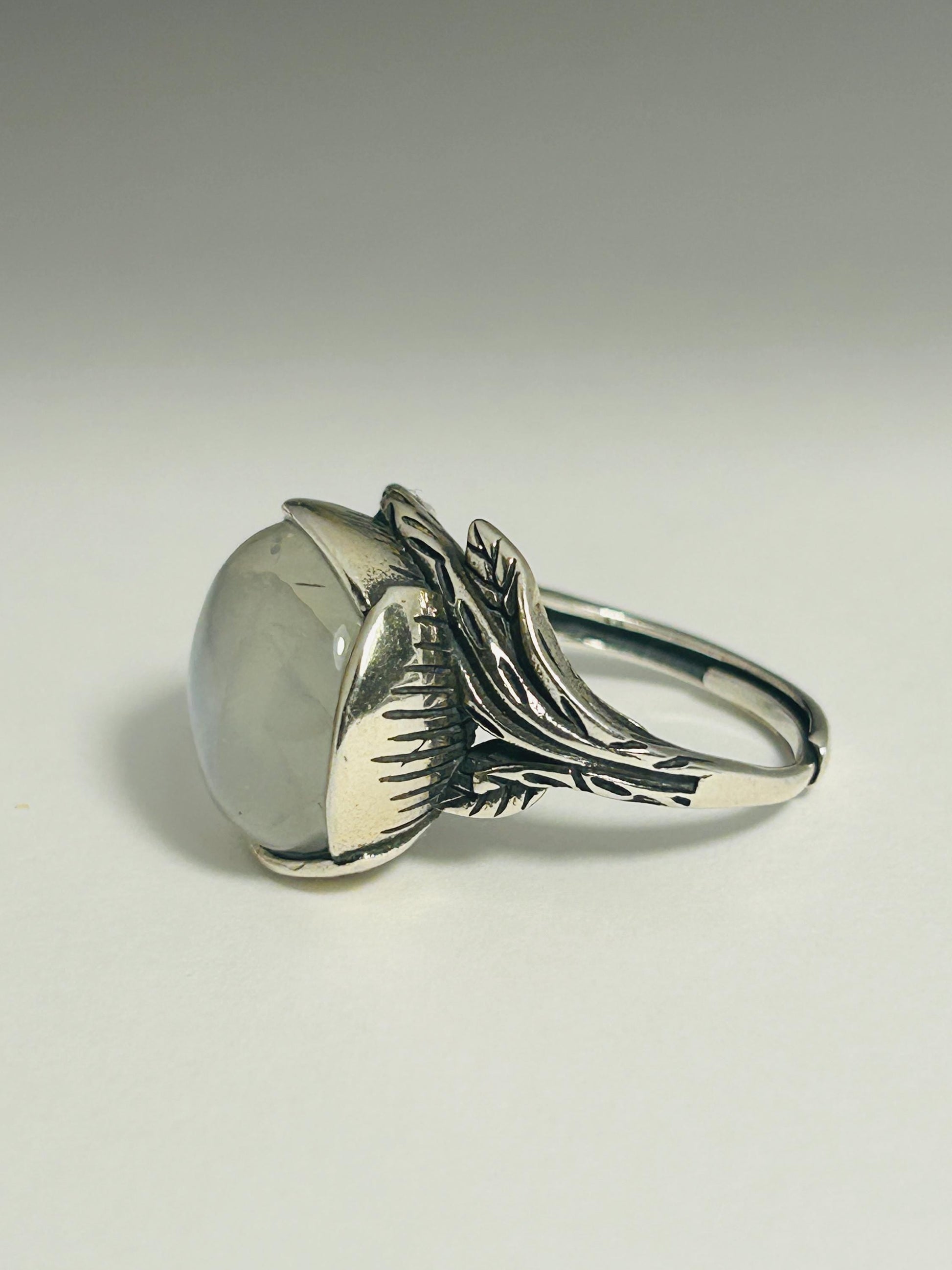 Large Moonstone Ring with Blue Flash in 925 Sterling Silver - Ornate Bohemian Statement Band Celtic Dragon Jewellery