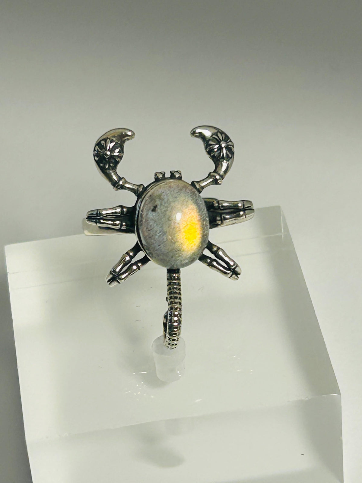 Scorpion Ring with Orange Labradorite in 925 Sterling Silver - Adjustable Goth Statement Jewellery Celtic Dragon Jewellery
