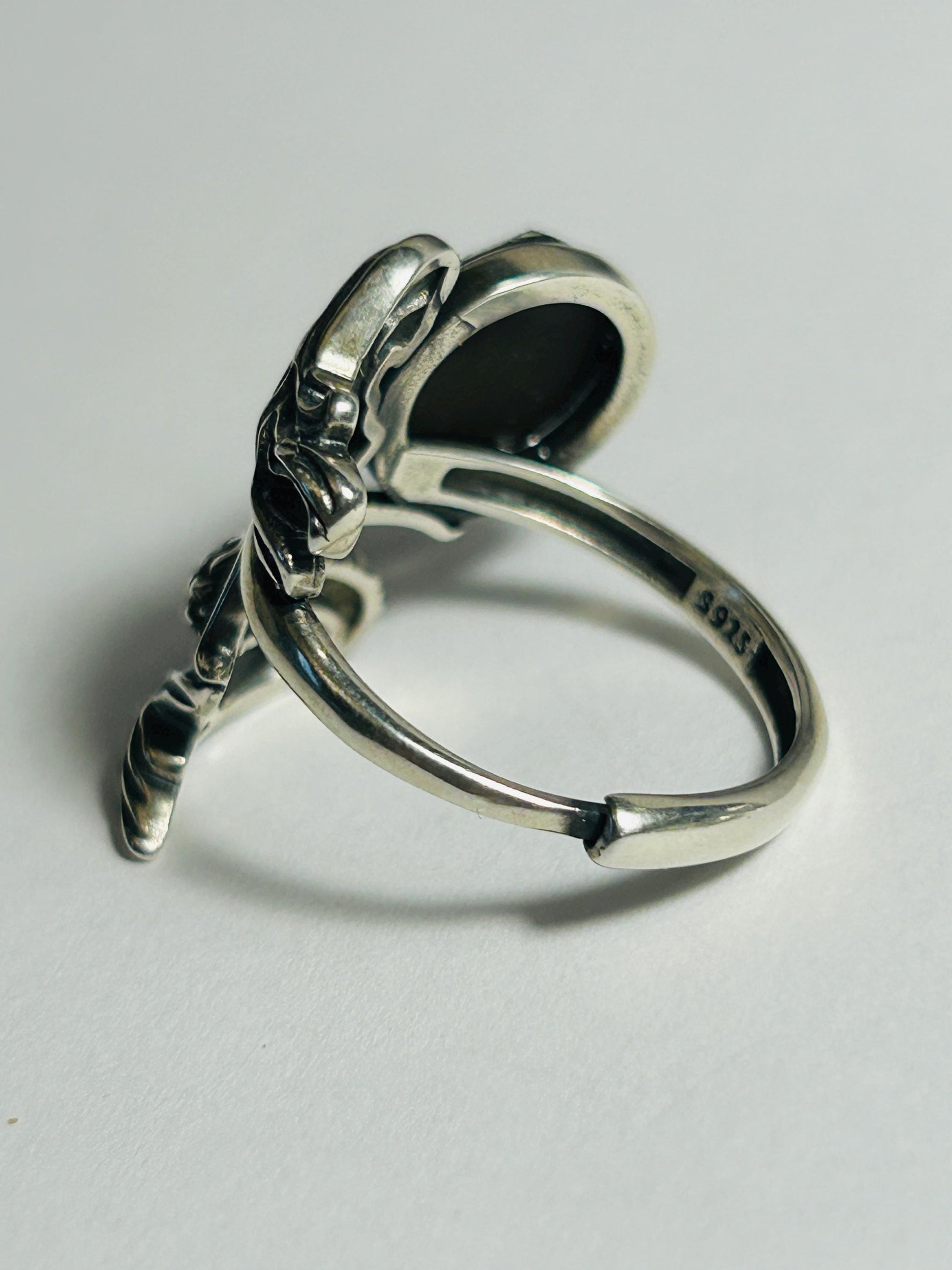 Large Mermaid Ring with Red Ammolite in 925 Sterling Silver - Adjustable Siren Goth Jewellery Celtic Dragon Jewellery