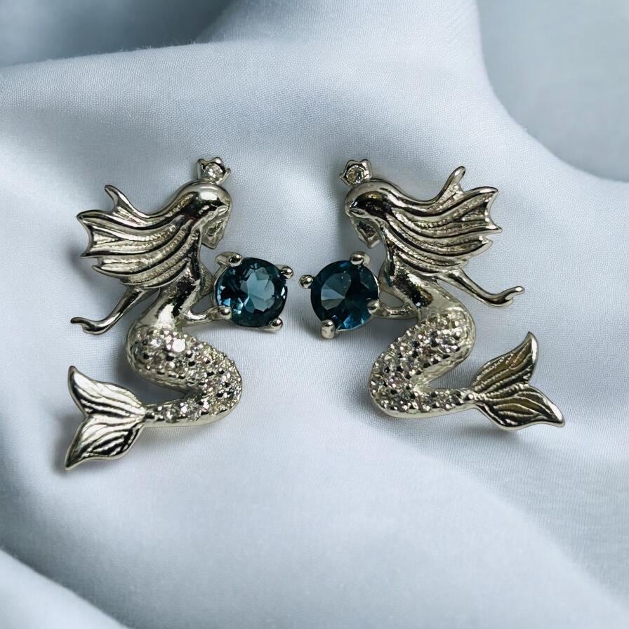Mermaid Earrings With Blue Topaz & CZ - 925 Sterling Silver Girls or Ladies Ear Studs Celtic Dragon Jewellery