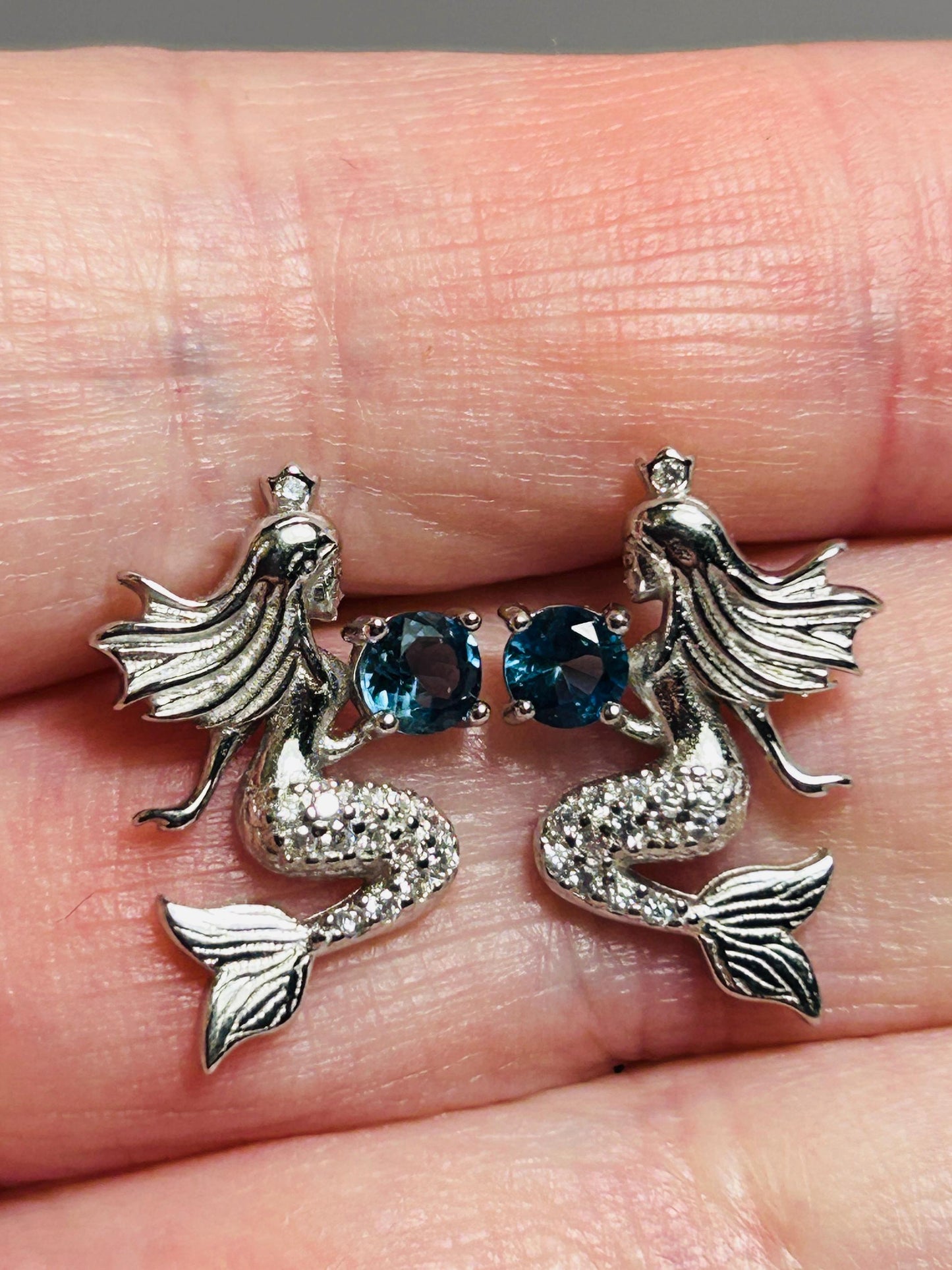 Mermaid Earrings With Blue Topaz & CZ - 925 Sterling Silver Girls or Ladies Ear Studs Celtic Dragon Jewellery