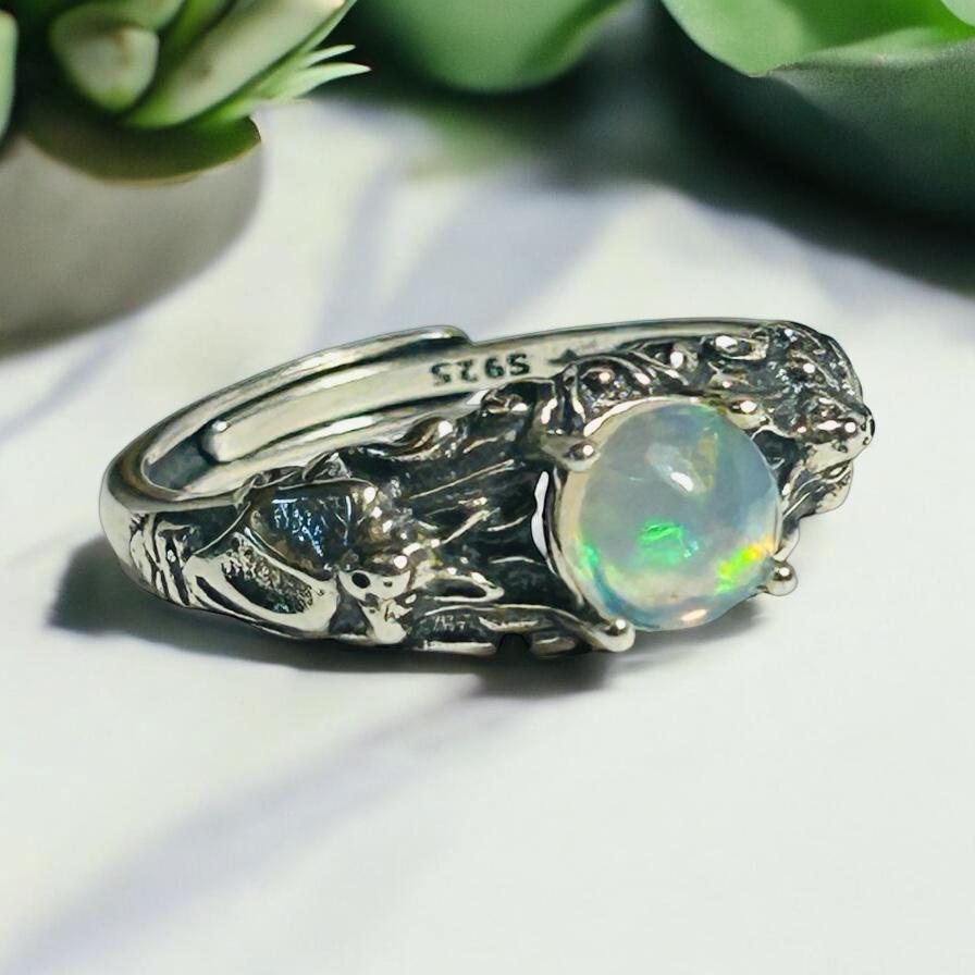Bat Ring with Opal in 925 Sterling Silver - Adjustable Gothic Vampire Jewellery Celtic Dragon Jewellery