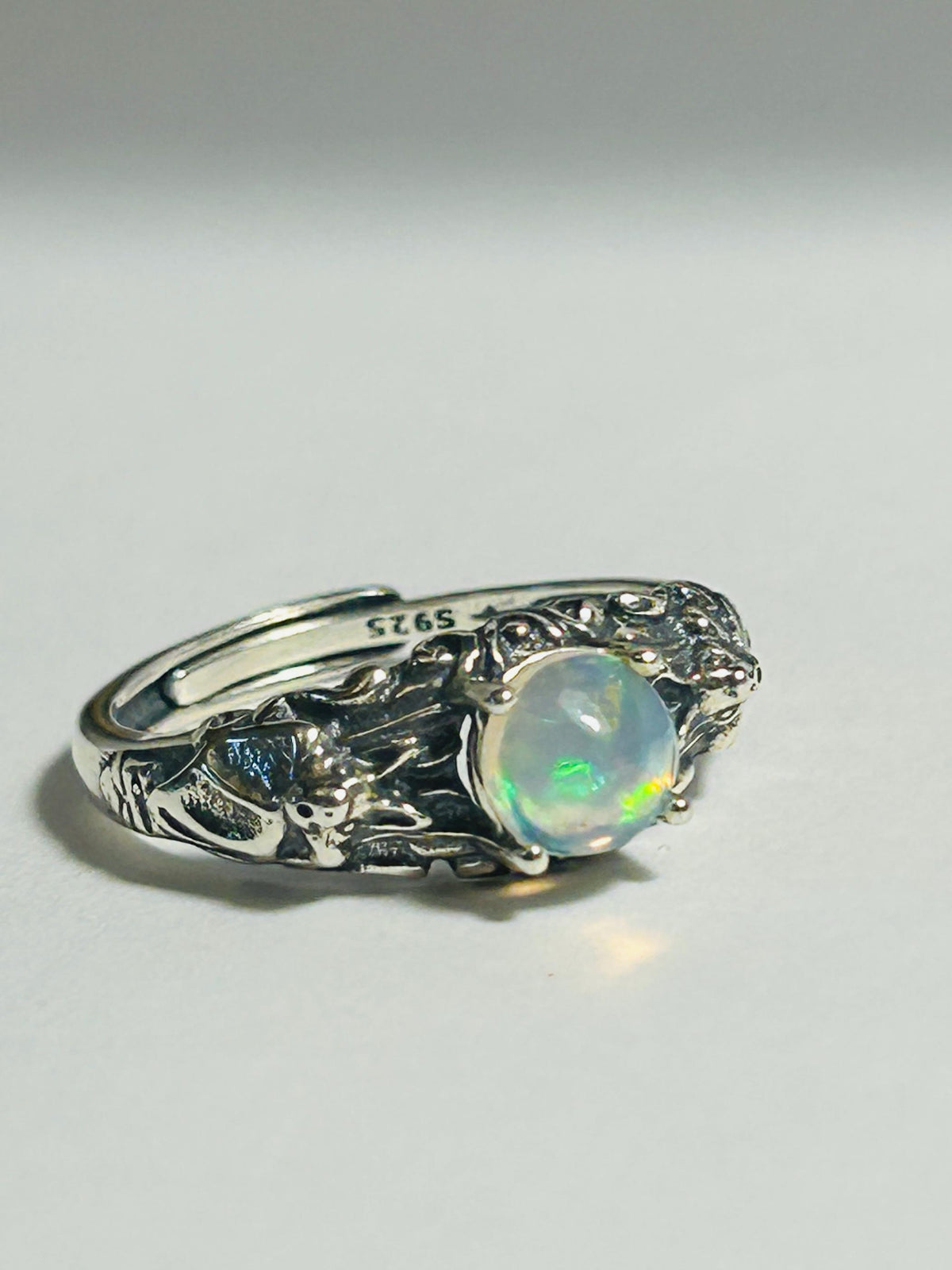 Bat Ring with Opal in 925 Sterling Silver - Adjustable Gothic Vampire Jewellery