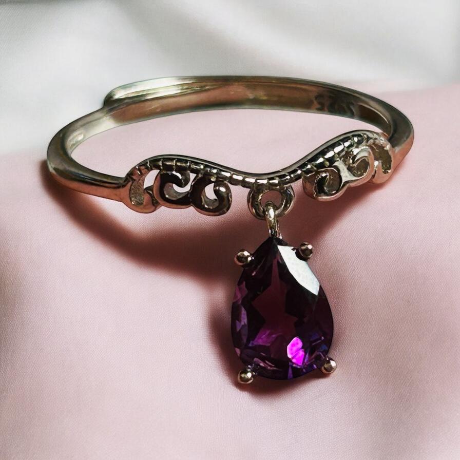 Amethyst Dangle Ring in 925 Sterling Silver - Adjustable Chevron Scroll Goth Jewellery Celtic Dragon Jewellery