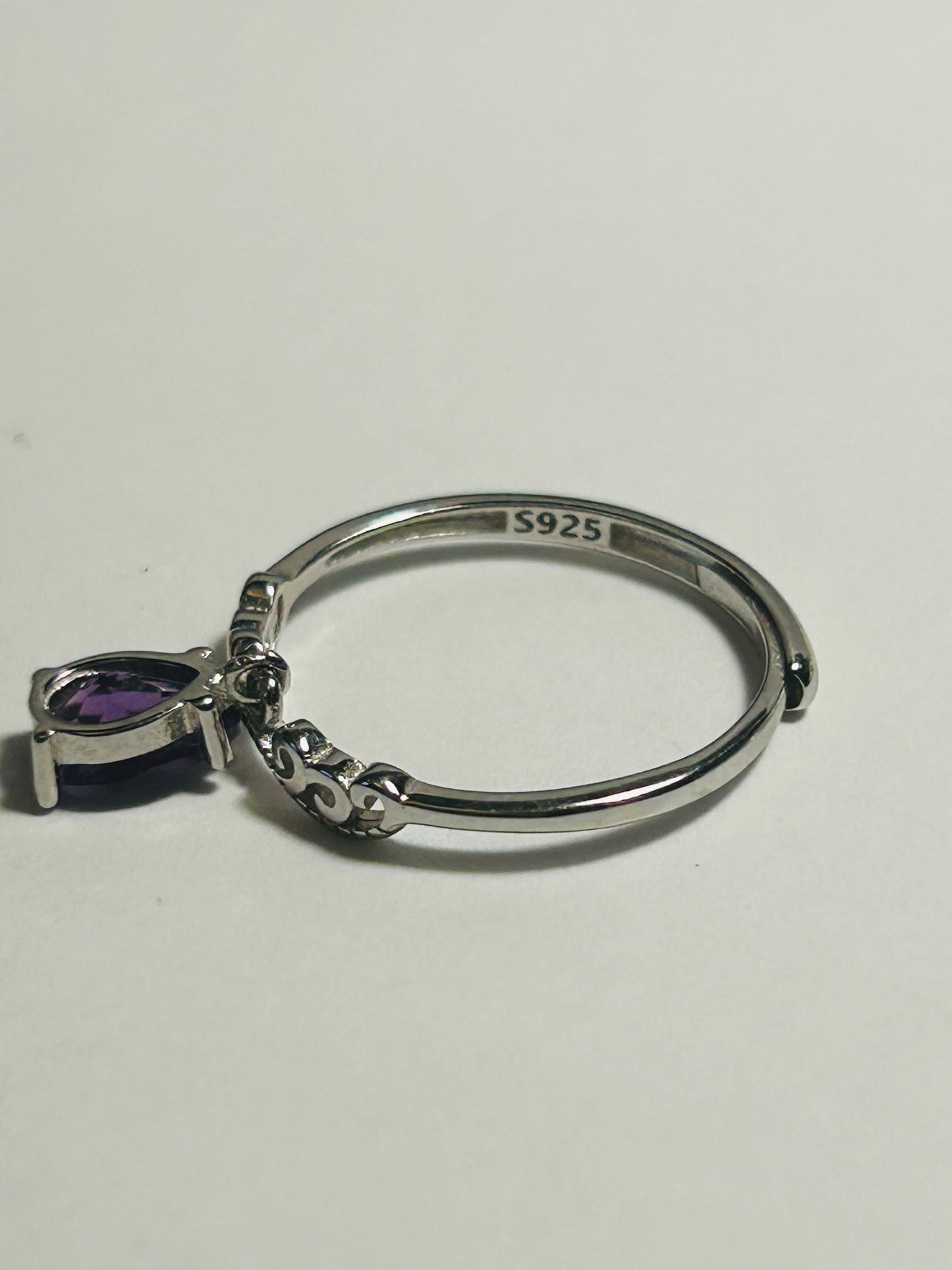 Amethyst Dangle Ring in 925 Sterling Silver - Adjustable Chevron Scroll Goth Jewellery Celtic Dragon Jewellery