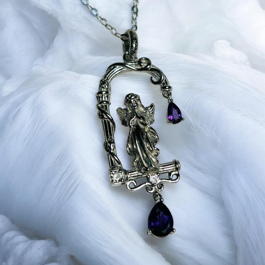 Guardian Angel Pendant With Amethyst Droppers in 925 Sterling Silver