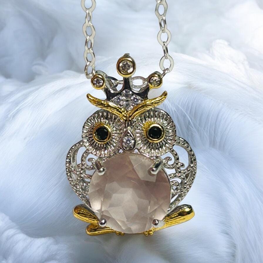 Owl Pendant With Faceted Rose Quartz in 925 Sterling Silver Celtic Dragon Jewellery