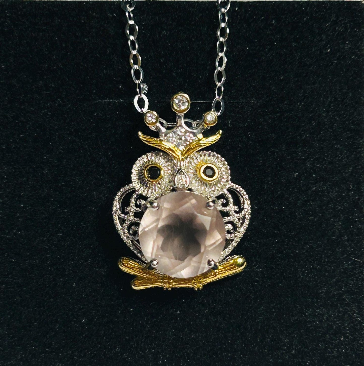 Owl Pendant With Faceted Rose Quartz in 925 Sterling Silver Celtic Dragon Jewellery