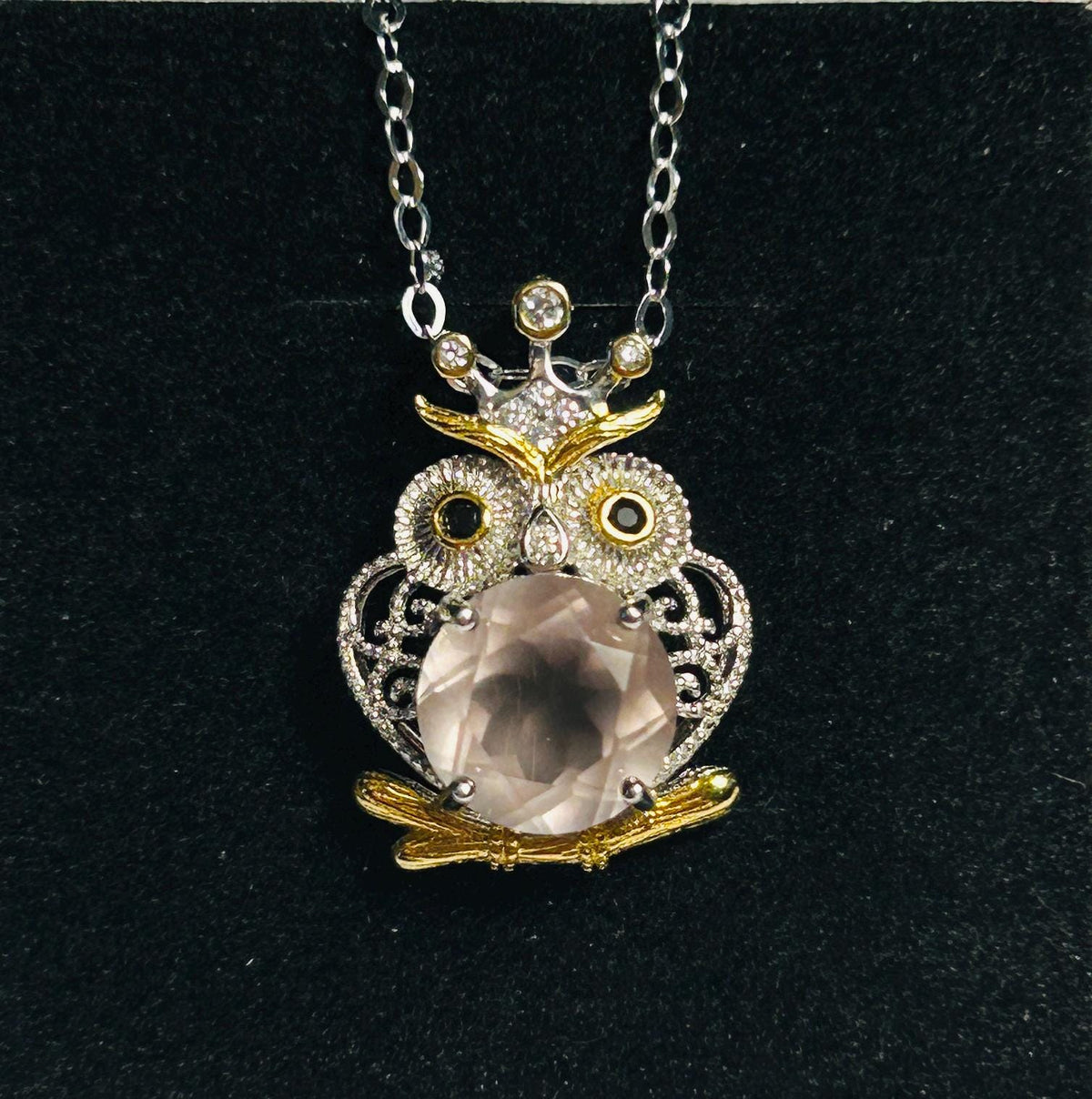 Owl Pendant With Faceted Rose Quartz in 925 Sterling Silver Celtic Dragon Jewellery
