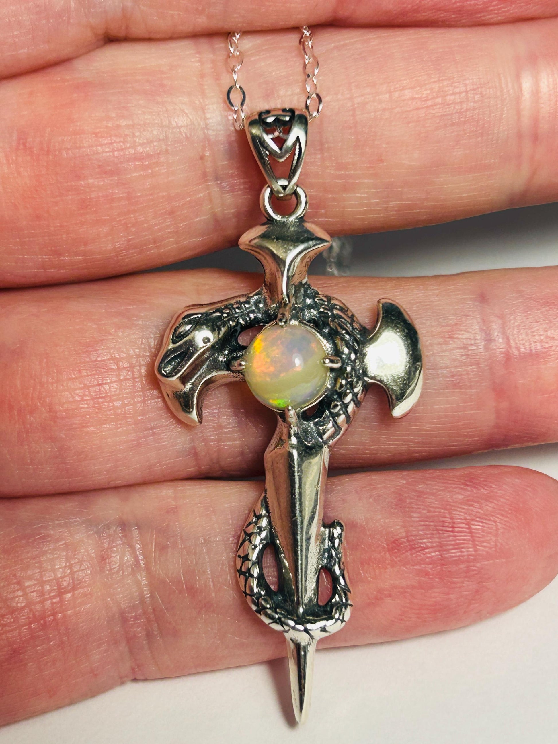 Snake On Sword Pendant With Opal in 925 Sterling Silver Celtic Dragon Jewellery