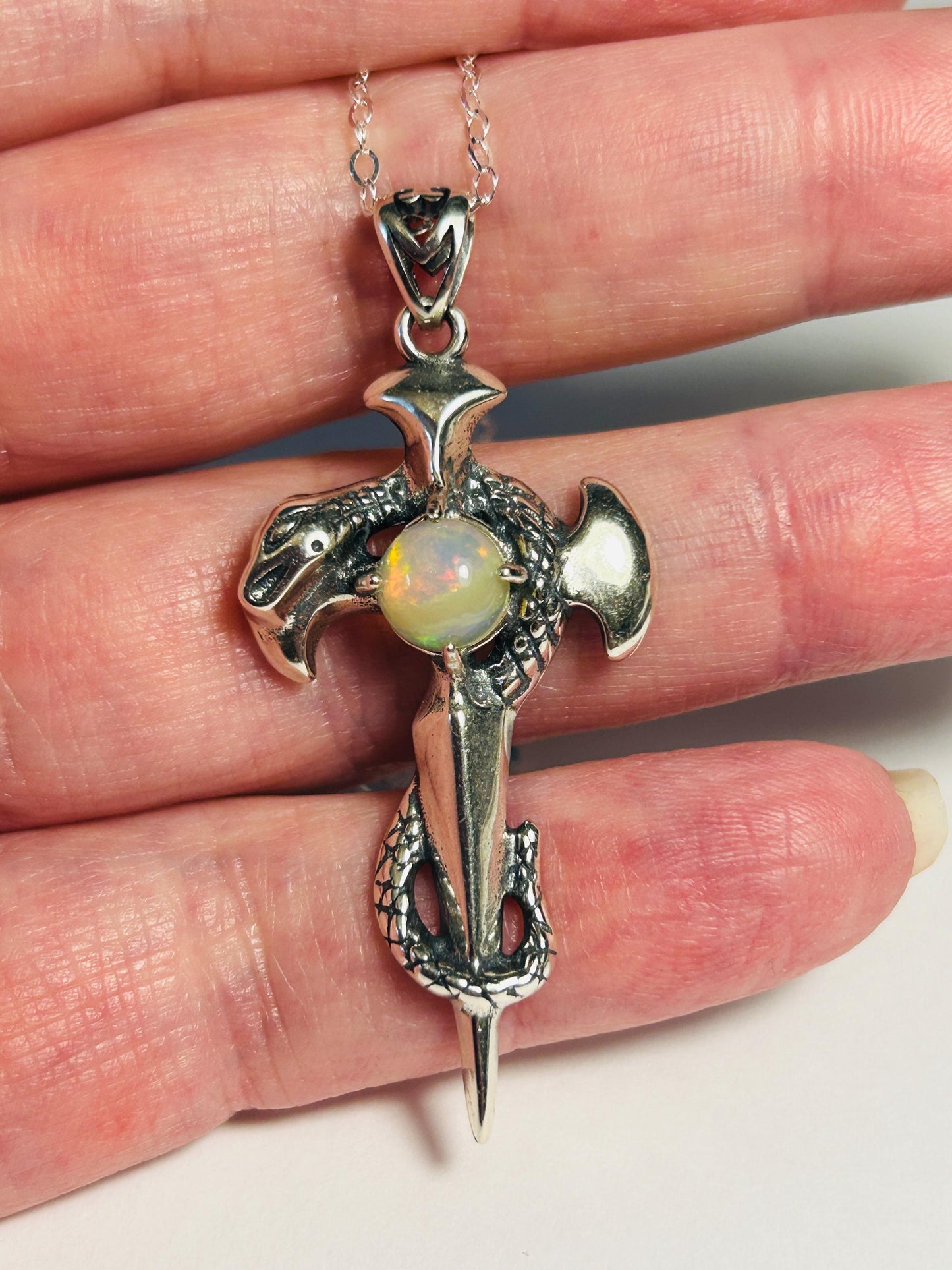 Snake On Sword Pendant With Opal in 925 Sterling Silver Celtic Dragon Jewellery