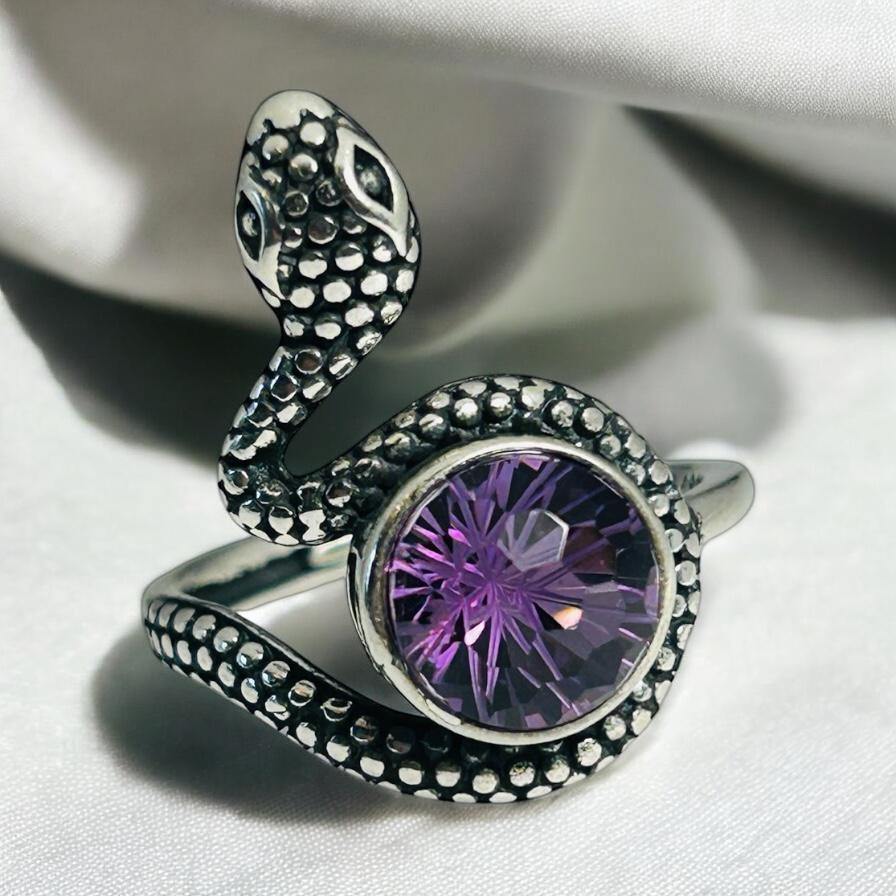 Snake Ring With Amethyst in 925 Sterling Silver & Adjustable Band Celtic Dragon Jewellery