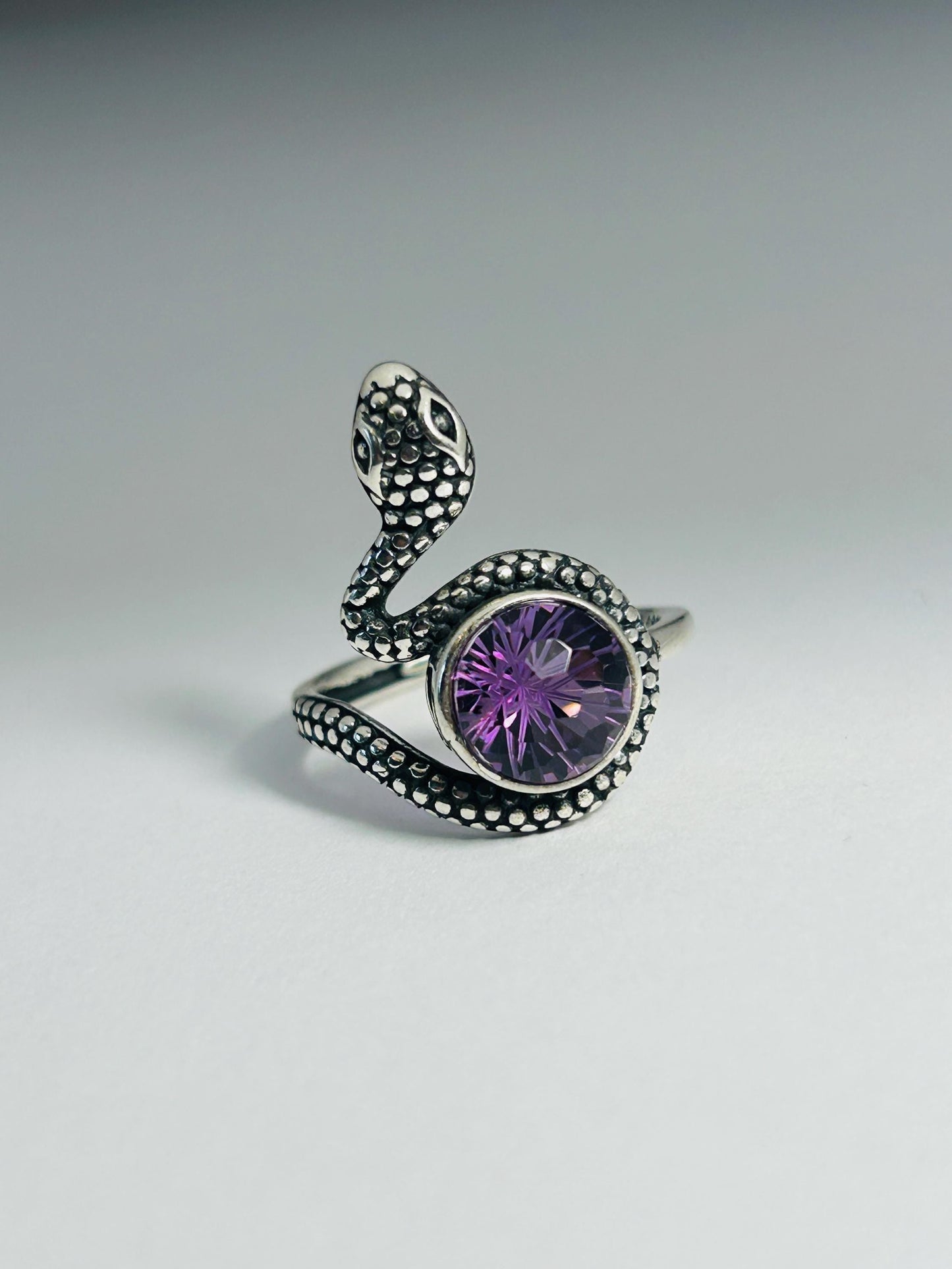 Snake Ring With Amethyst in 925 Sterling Silver & Adjustable Band Celtic Dragon Jewellery