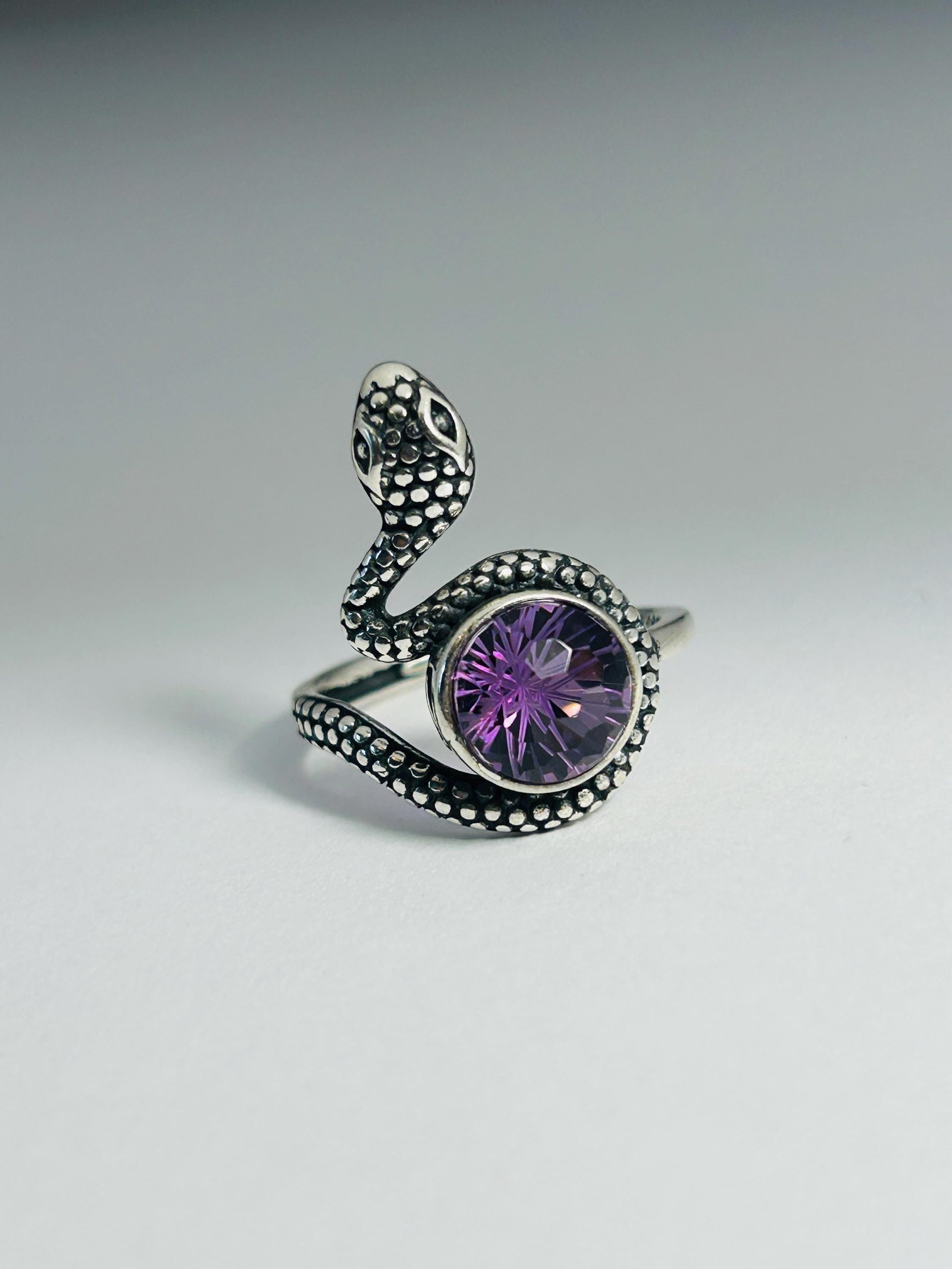 Snake Ring With Amethyst in 925 Sterling Silver & Adjustable Band Celtic Dragon Jewellery