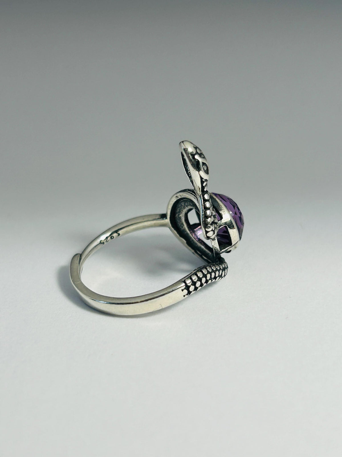 Snake Ring With Amethyst in 925 Sterling Silver & Adjustable Band Celtic Dragon Jewellery