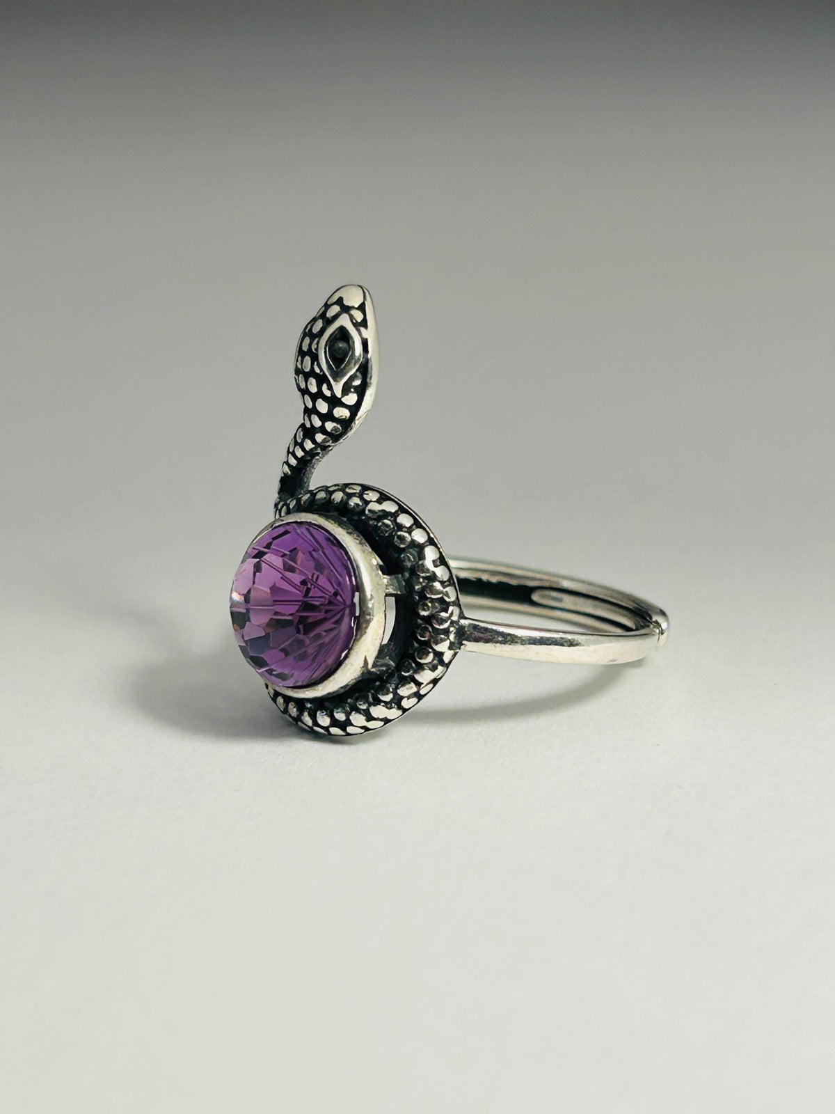 Snake Ring With Amethyst in 925 Sterling Silver & Adjustable Band Celtic Dragon Jewellery