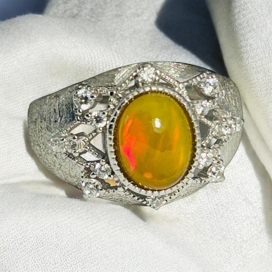 Orange Opal Ring With CZ Accents in 925 Sterling Silver & Adjustable Band Celtic Dragon Jewellery