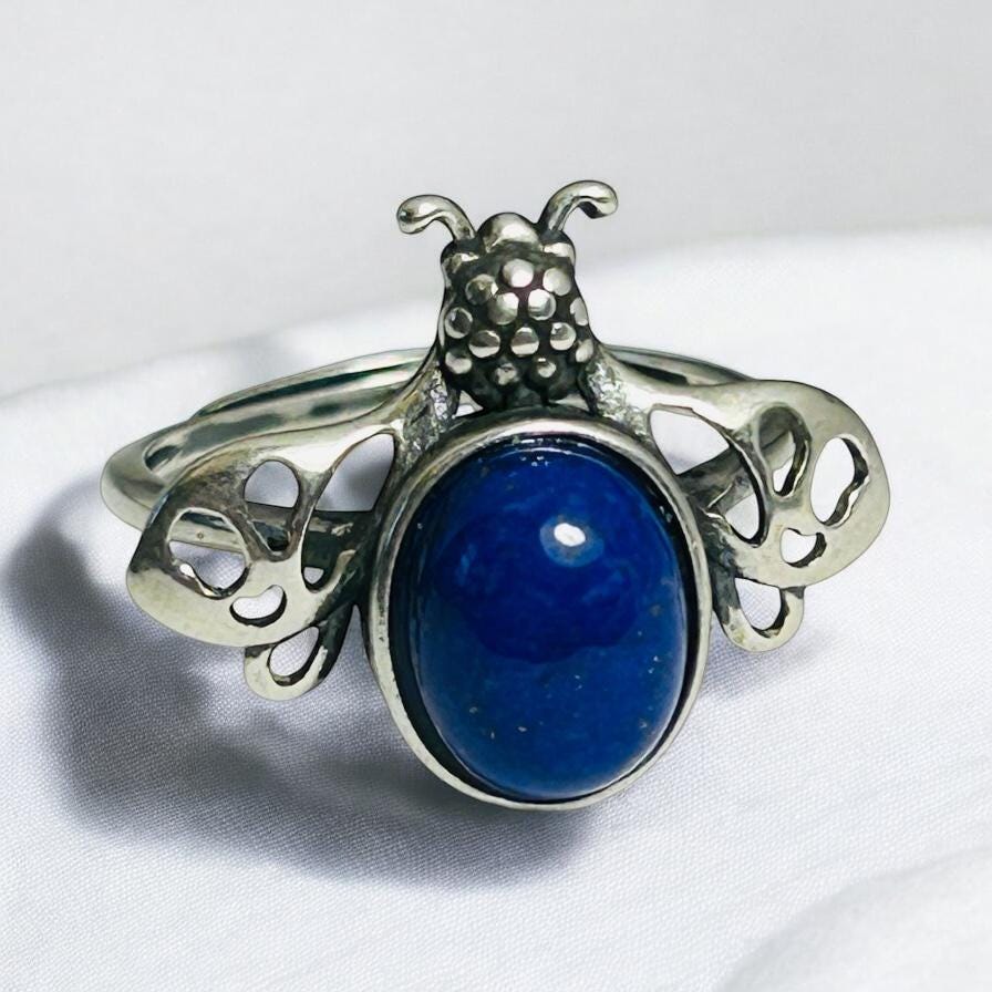 Honey Bee Ring with Lapis Lazuli in 925 Sterling Silver & Adjustable Band Celtic Dragon Jewellery