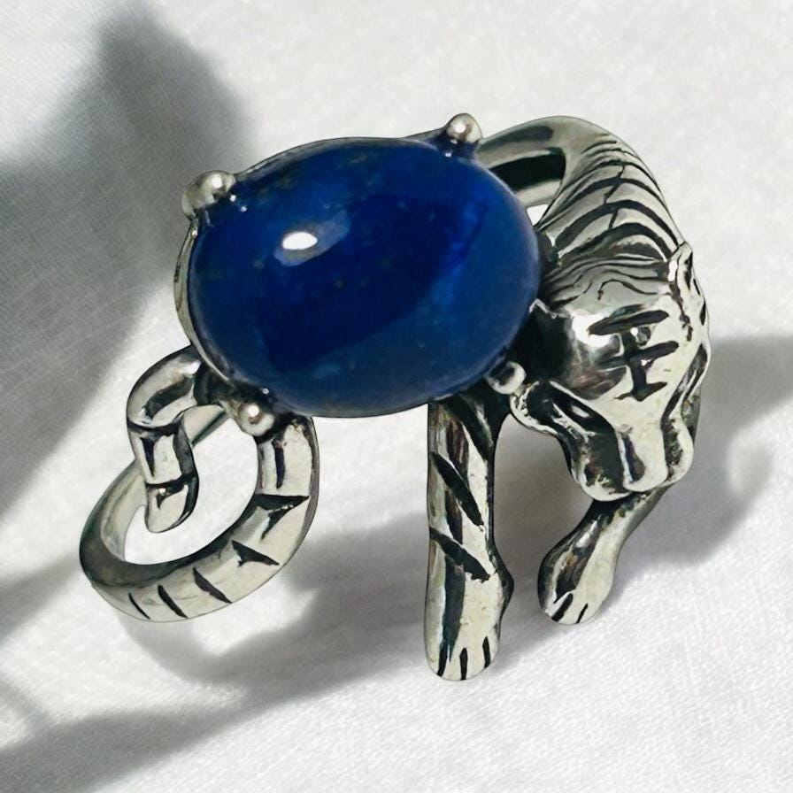 Tiger Ring with Lapis Lazuli in 925 Sterling Silver & Adjustable Band Celtic Dragon Jewellery