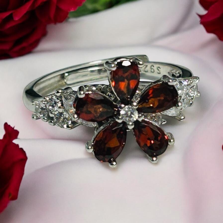 Red Garnet Flower Spinning Ring in 925 Sterling Silver - Motion Fidget Bypass Adjustable Jewellery Celtic Dragon Jewellery