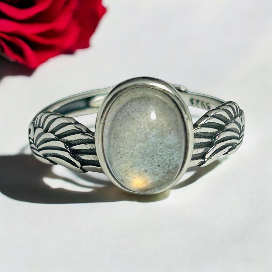 Angel Wing Ring with Labradorite in 925 Sterling Silver - Bypass Adjustable Jewellery Celtic Dragon Jewellery