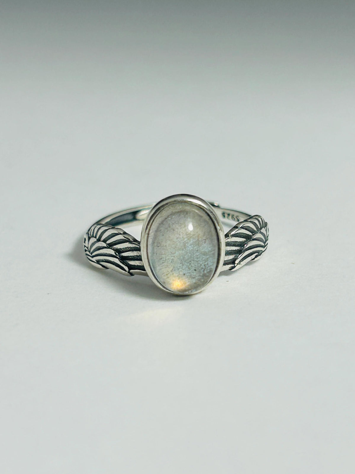 Angel Wing Ring with Labradorite in 925 Sterling Silver - Bypass Adjustable Jewellery Celtic Dragon Jewellery