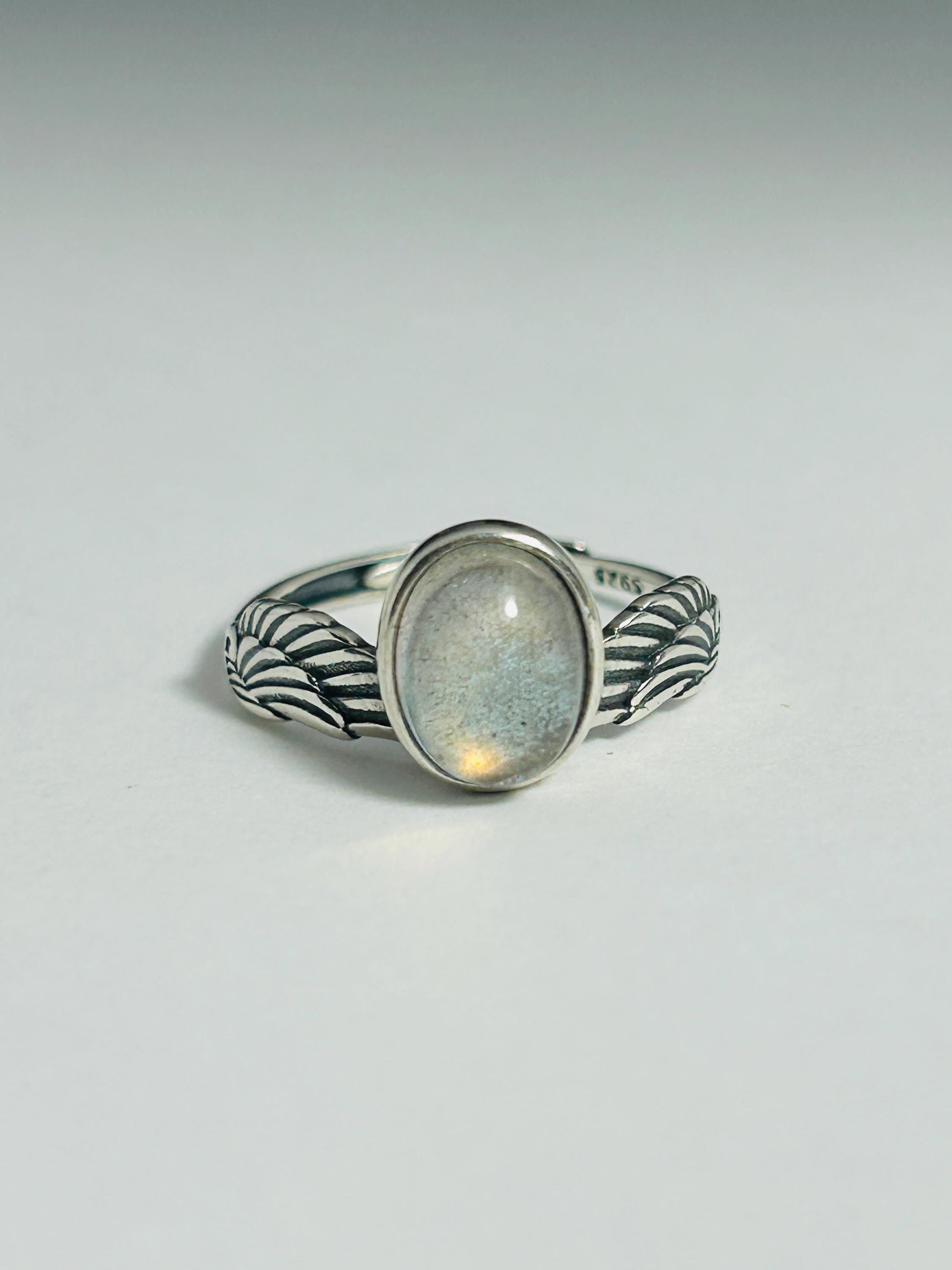 Angel Wing Ring with Labradorite in 925 Sterling Silver - Bypass Adjustable Jewellery Celtic Dragon Jewellery