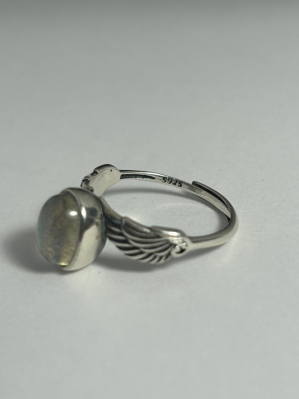 Angel Wing Ring with Labradorite in 925 Sterling Silver - Bypass Adjustable Jewellery Celtic Dragon Jewellery