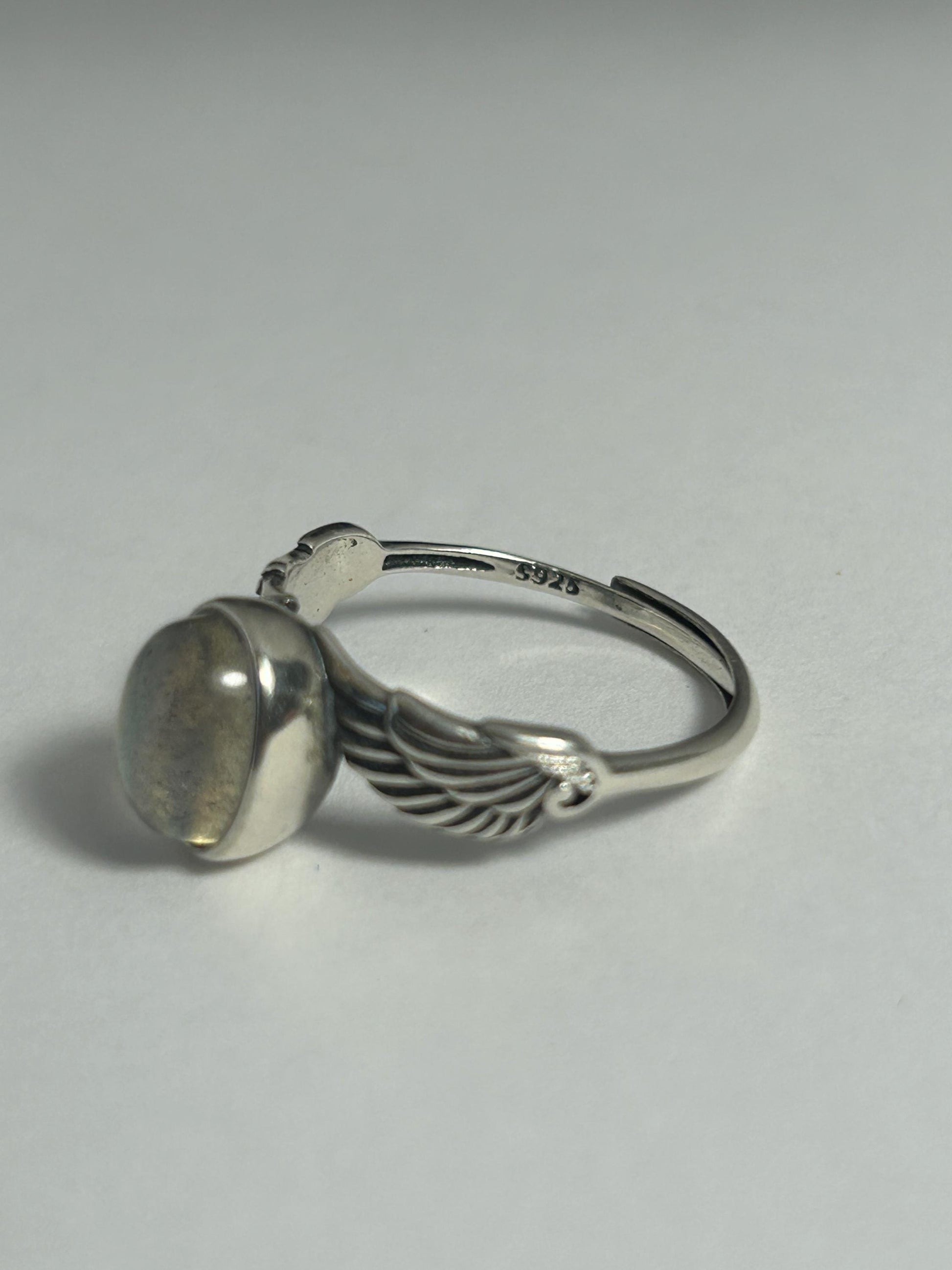 Angel Wing Ring with Labradorite in 925 Sterling Silver - Bypass Adjustable Jewellery Celtic Dragon Jewellery