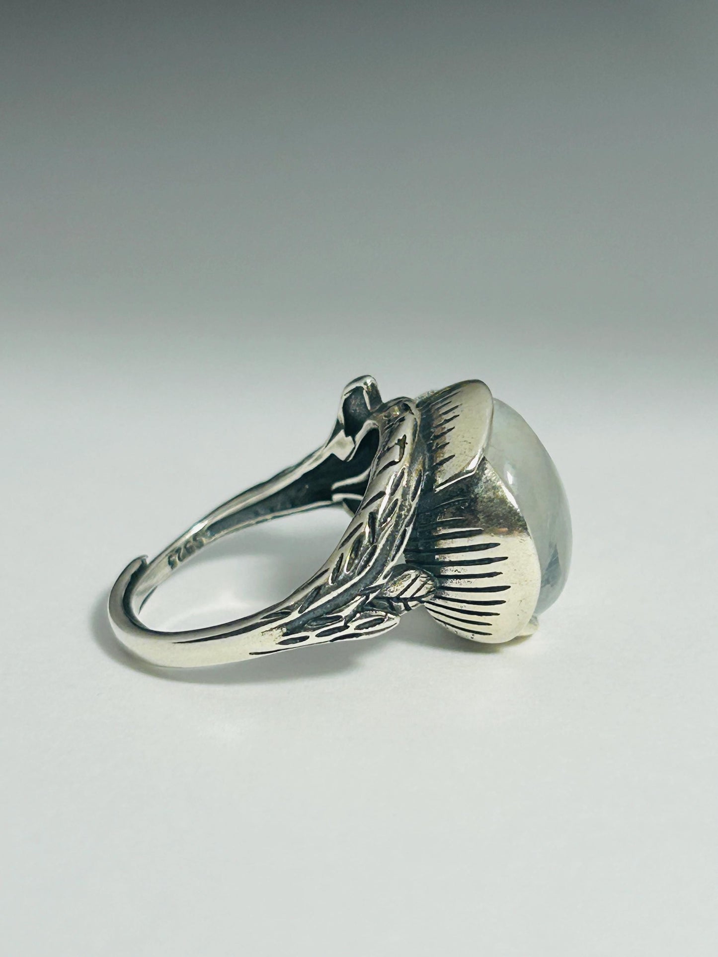 Large Moonstone Ring with Blue Flash in 925 Sterling Silver - Ornate Bohemian Statement Band Celtic Dragon Jewellery